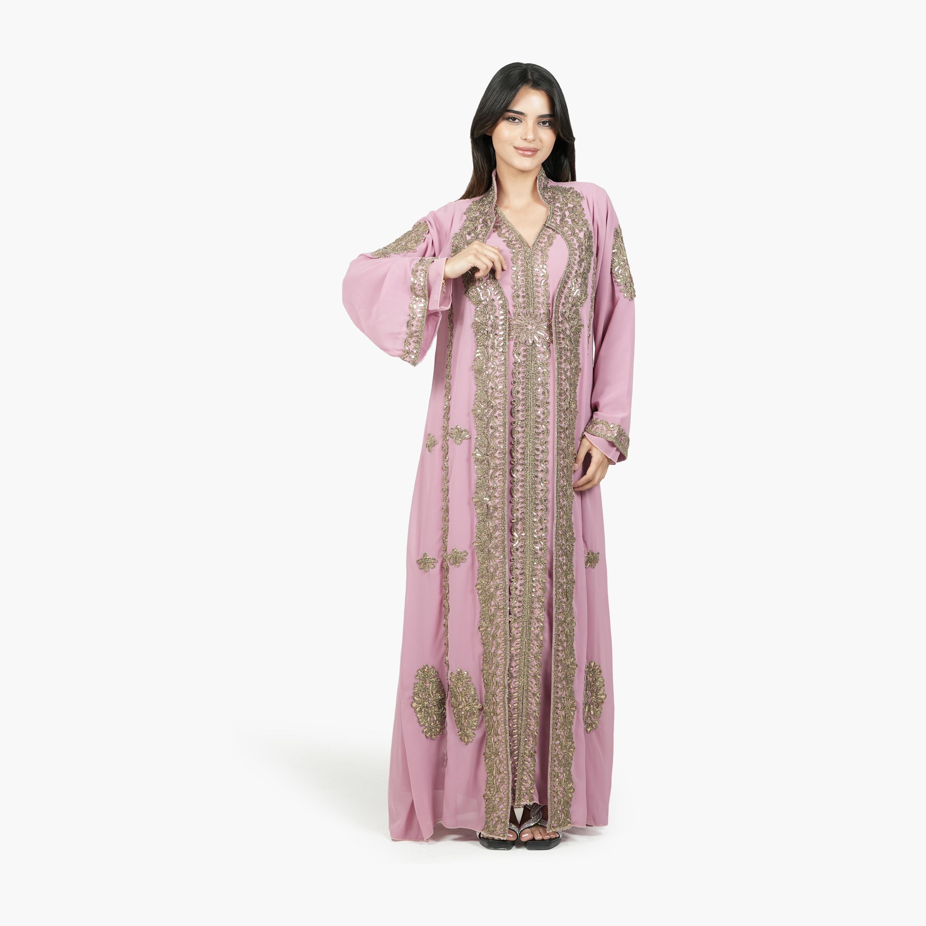 AL BENT AL SHARQIEH Embroidered & Sequined Flare Sleeves Women's Evening Moroccan Jalabiya with Belt-women-arabicclothing-jalabiyas-image-1