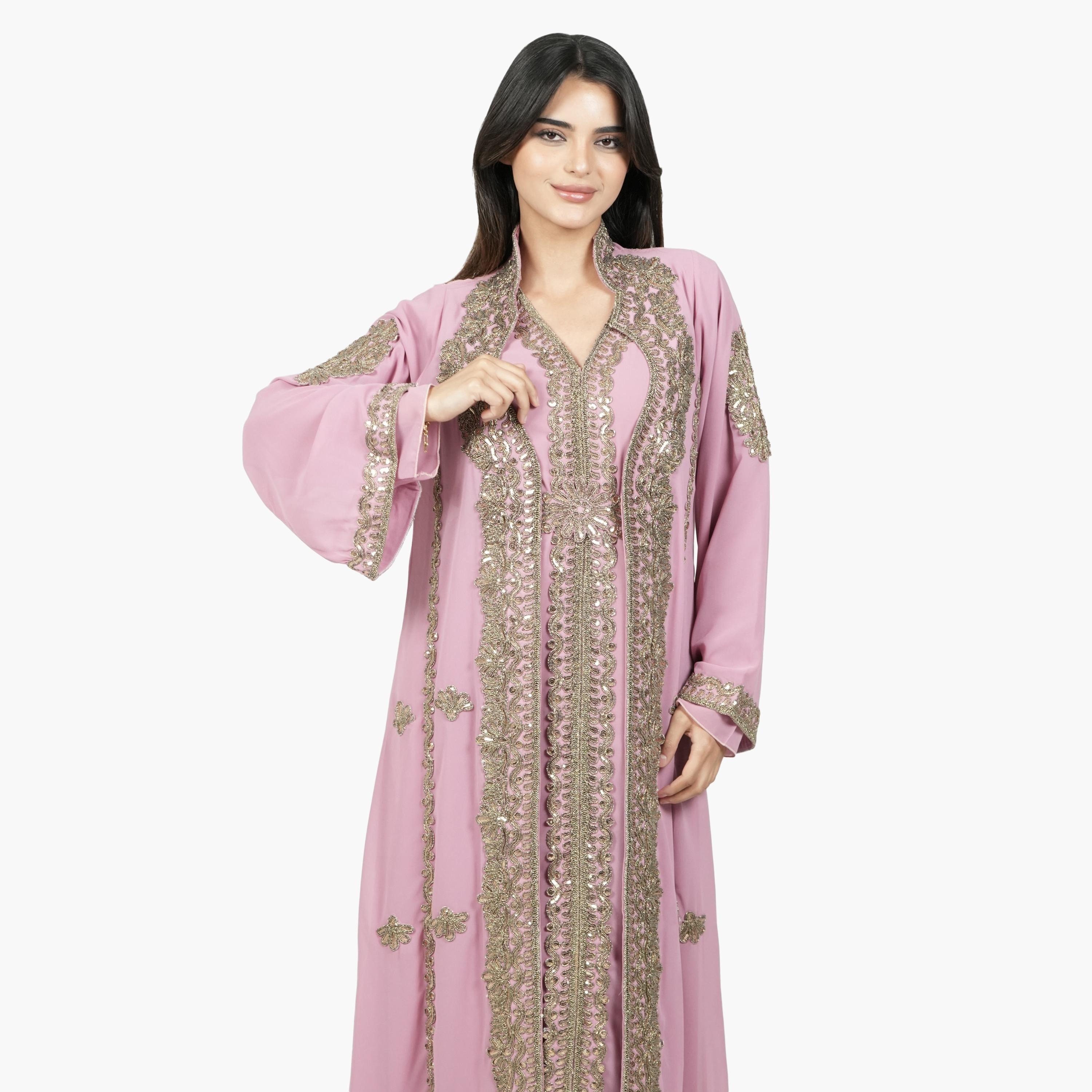 AL BENT AL SHARQIEH Embroidered & Sequined Flare Sleeves Women's Evening Moroccan Jalabiya with Belt-women-arabicclothing-jalabiyas-image-2