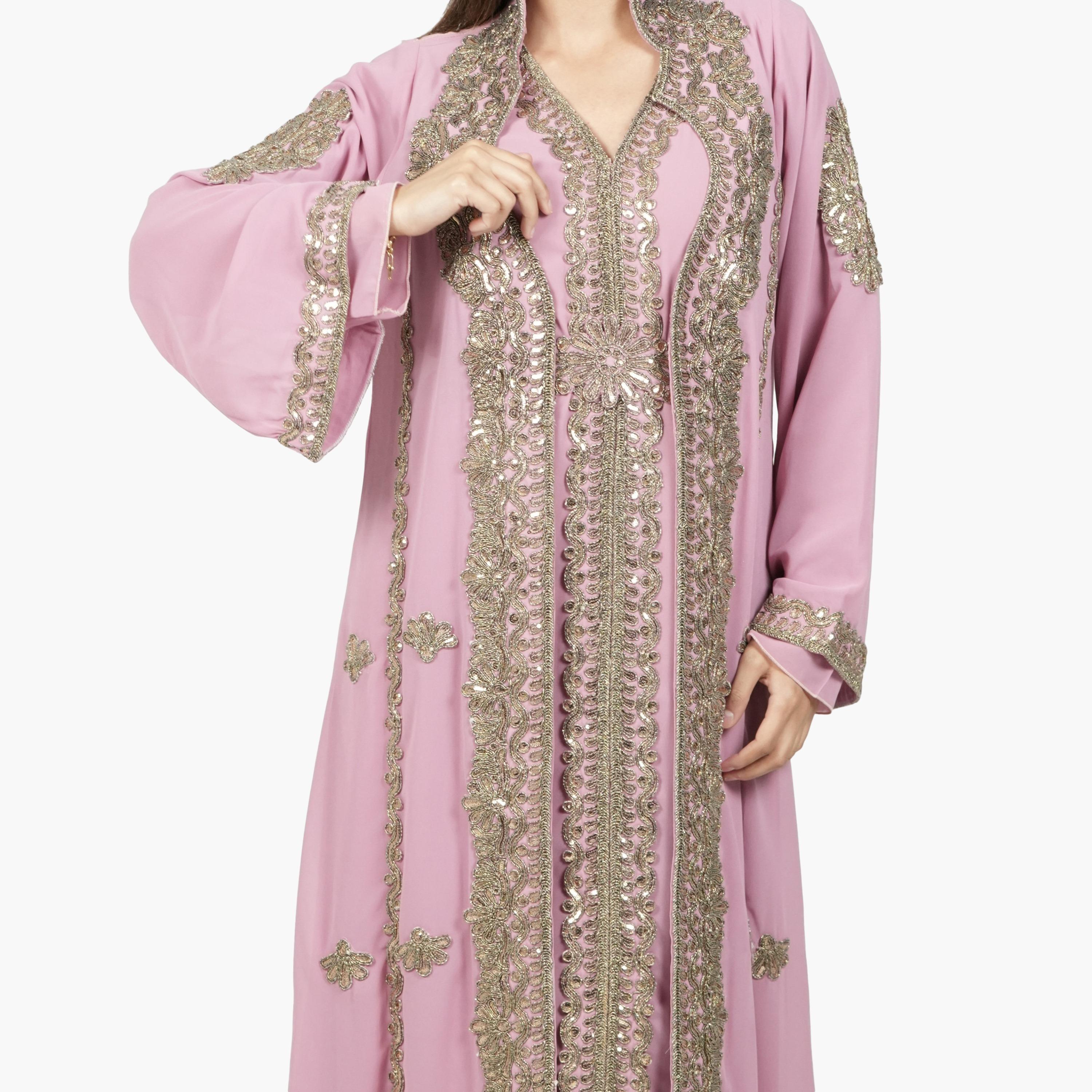 AL BENT AL SHARQIEH Embroidered & Sequined Flare Sleeves Women's Evening Moroccan Jalabiya with Belt-women-arabicclothing-jalabiyas-image-3