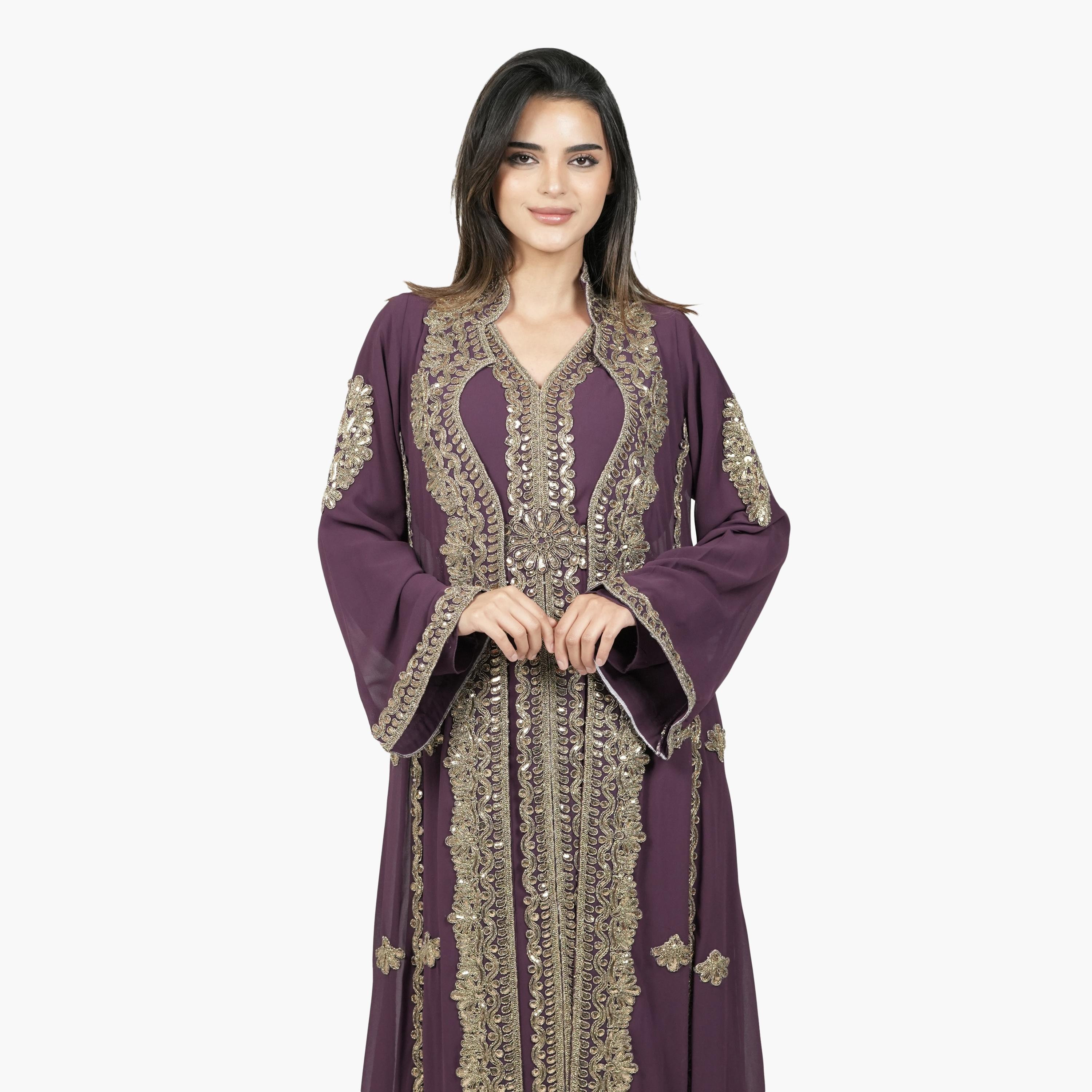 جلابية مغربية نسائية مطرزة بالترتر وأكمام واسعة مع حزام من البنت الشرقية-women-arabicclothing-jalabiyas-image-2