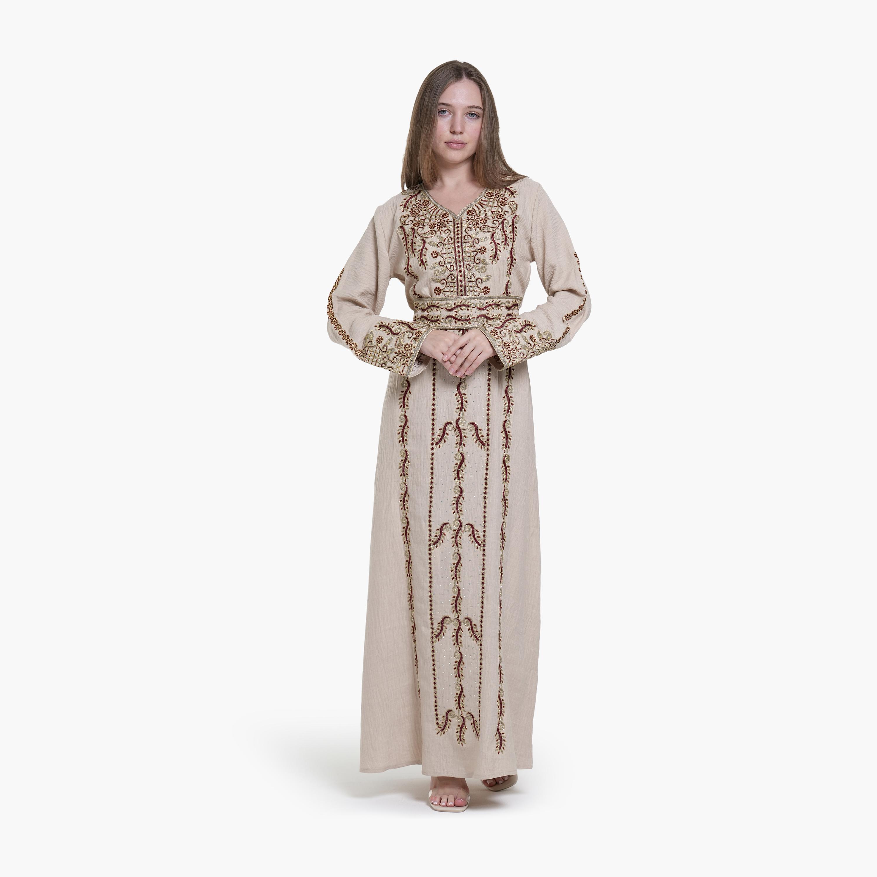 جلابية نسائية بتطريز وحزام قماش كتان من البنت الشرقية-women-arabicclothing-jalabiyas-image-1