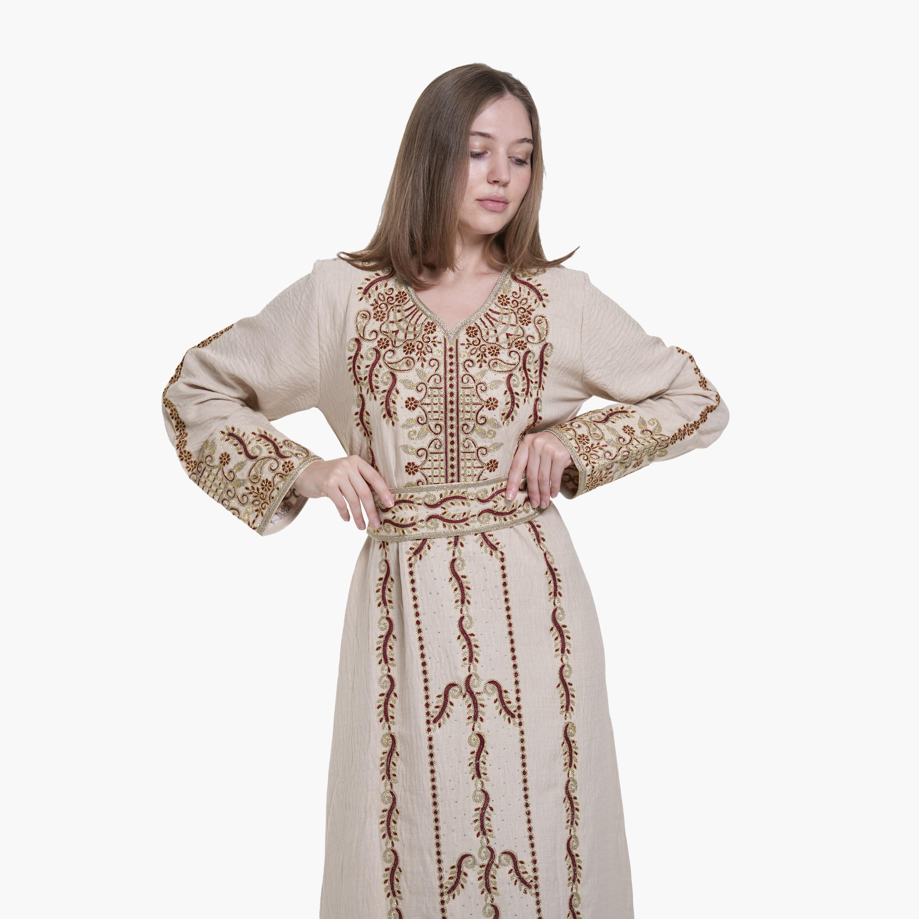 جلابية نسائية بتطريز وحزام قماش كتان من البنت الشرقية-women-arabicclothing-jalabiyas-image-2