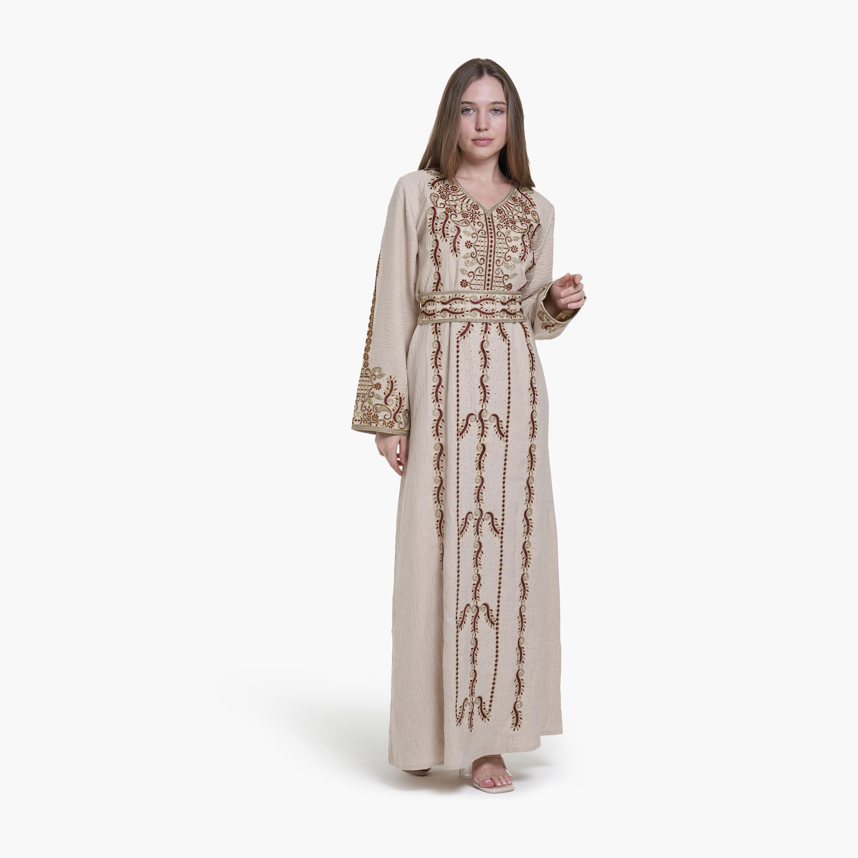 جلابية نسائية بتطريز وحزام قماش كتان من البنت الشرقية-women-arabicclothing-jalabiyas-image-3