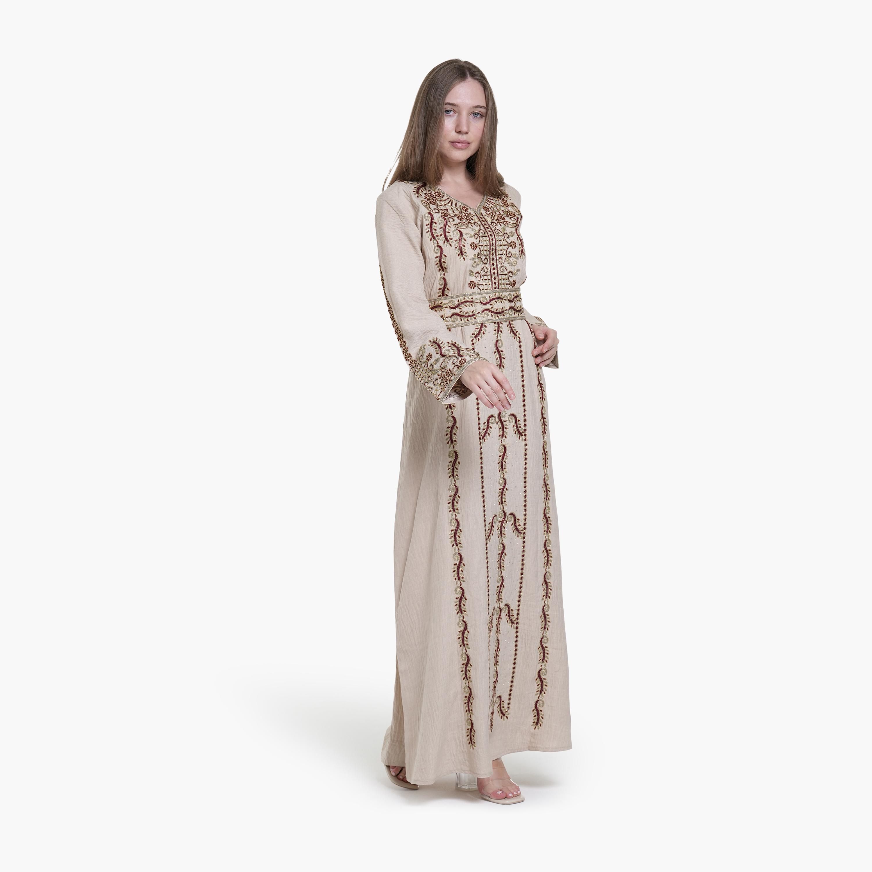جلابية نسائية بتطريز وحزام قماش كتان من البنت الشرقية-women-arabicclothing-jalabiyas-image-4