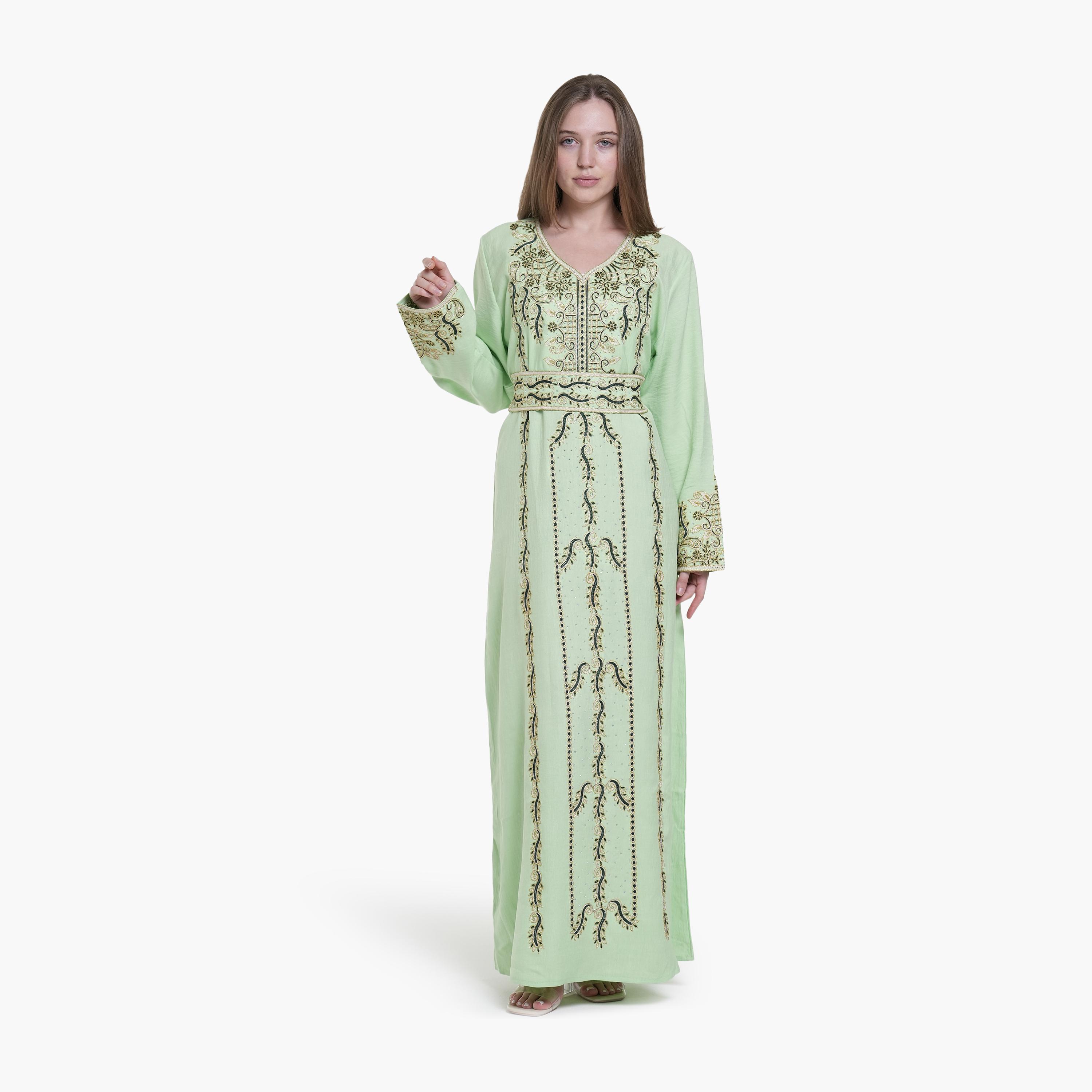 AL BENT AL SHARQIEH Embroidered Linen Women's Jalabiya with Belt-women-arabicclothing-jalabiyas-image-1