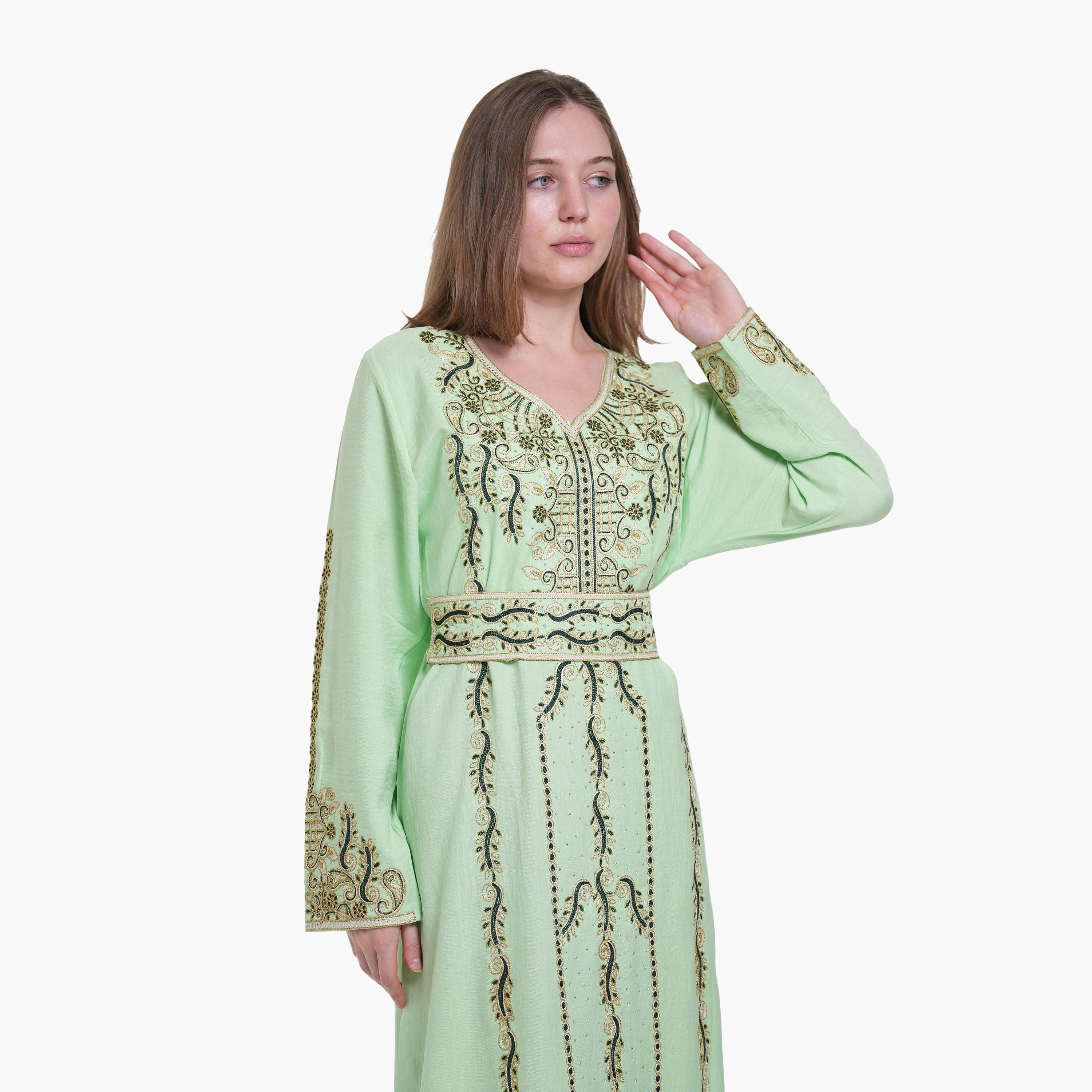 AL BENT AL SHARQIEH Embroidered Linen Women's Jalabiya with Belt-women-arabicclothing-jalabiyas-image-2