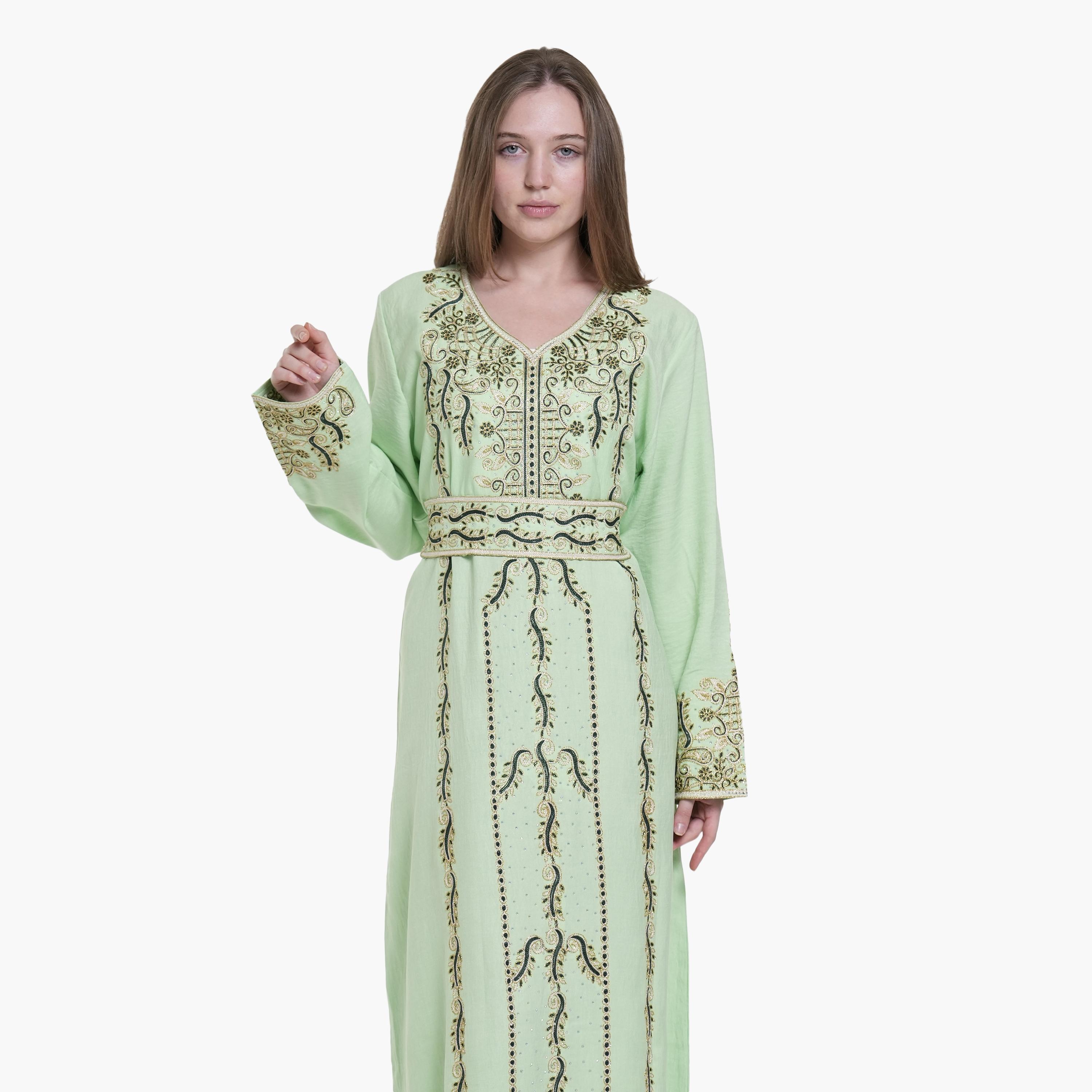 AL BENT AL SHARQIEH Embroidered Linen Women's Jalabiya with Belt-women-arabicclothing-jalabiyas-image-4