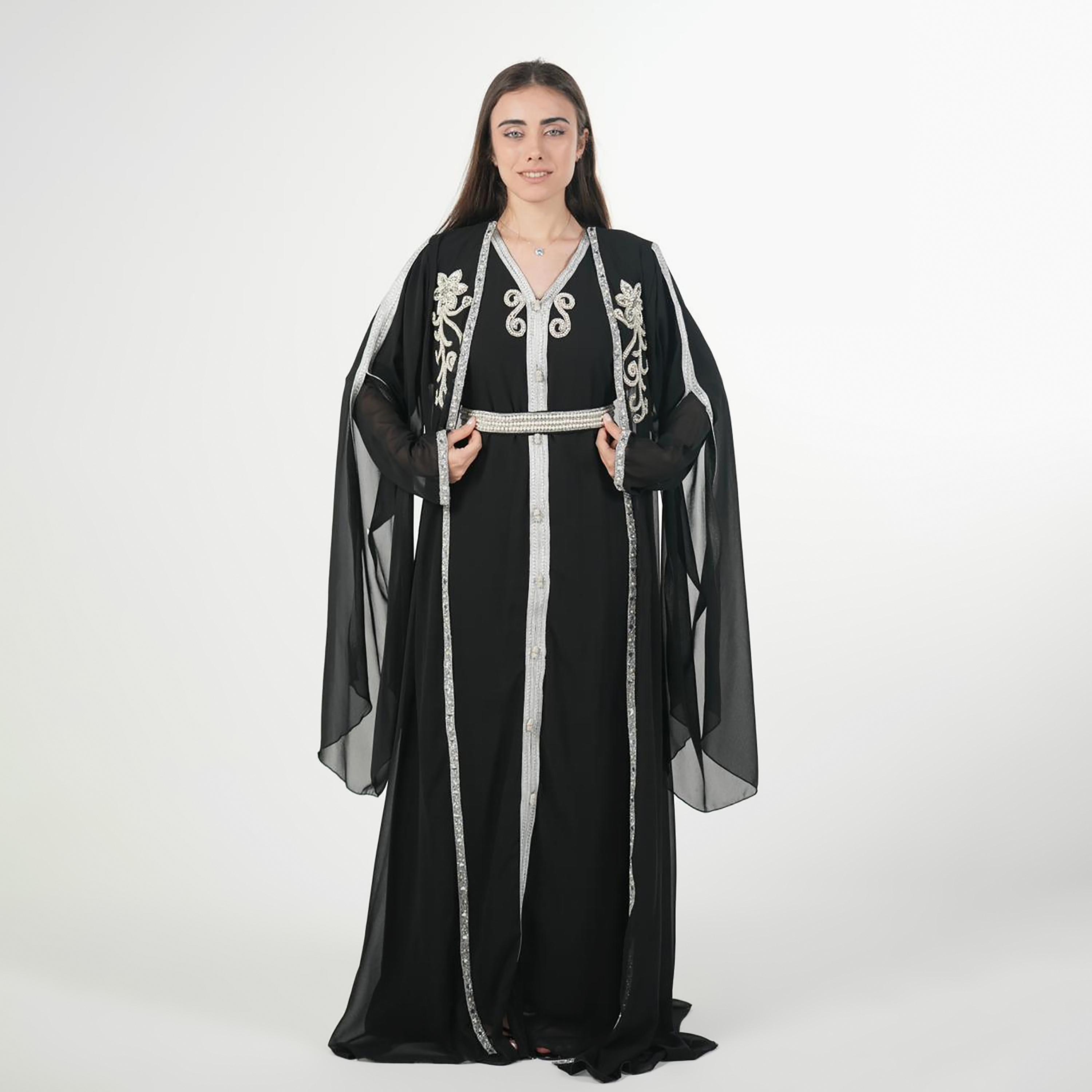AL BENT AL SHARQIEH Beaded Batwing Sleeves Crepe Women's Evening Kaftan Style Jalabiya-women-arabicclothing-jalabiyas-image-1