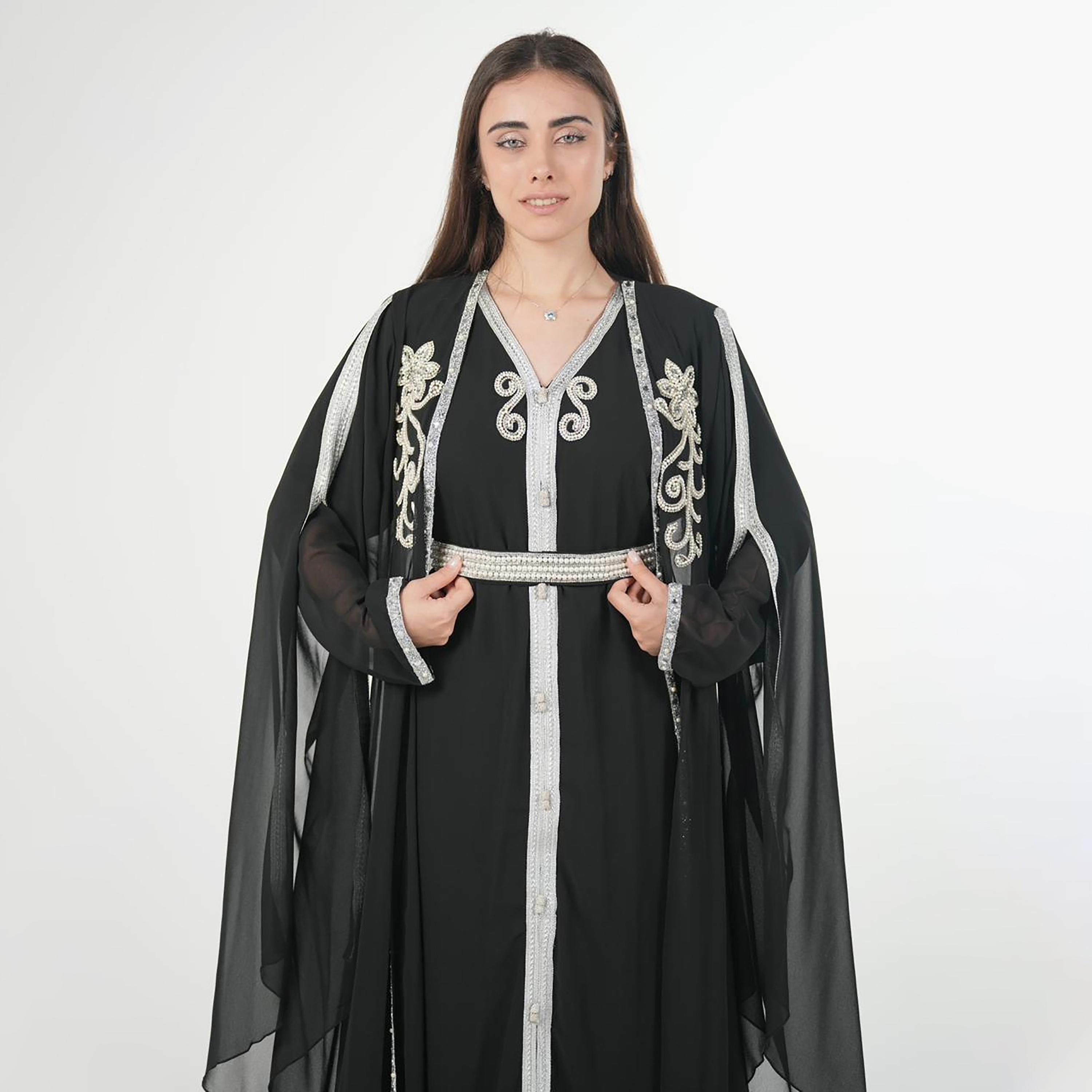 AL BENT AL SHARQIEH Beaded Batwing Sleeves Crepe Women's Evening Kaftan Style Jalabiya-women-arabicclothing-jalabiyas-image-2