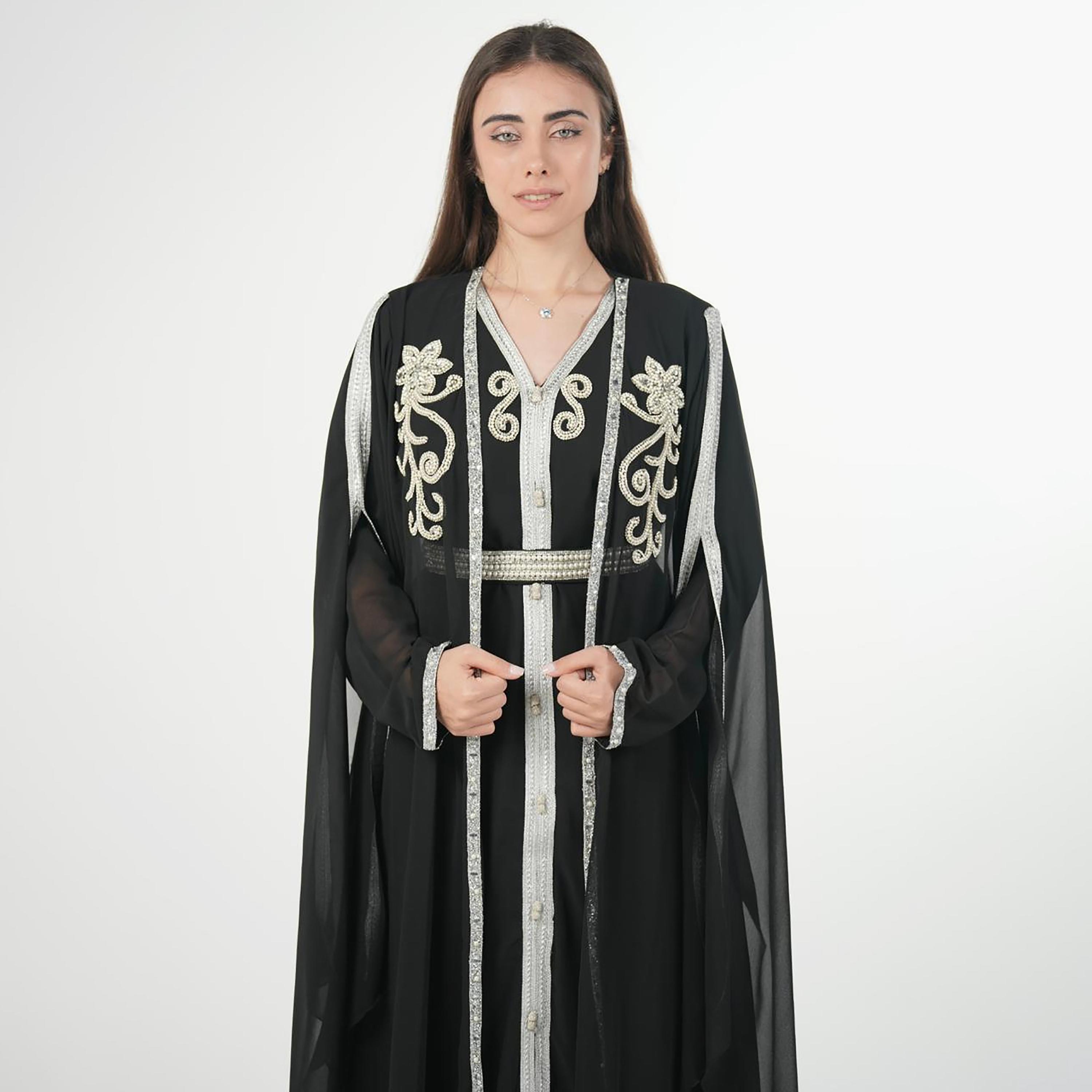 AL BENT AL SHARQIEH Beaded Batwing Sleeves Crepe Women's Evening Kaftan Style Jalabiya-women-arabicclothing-jalabiyas-image-3