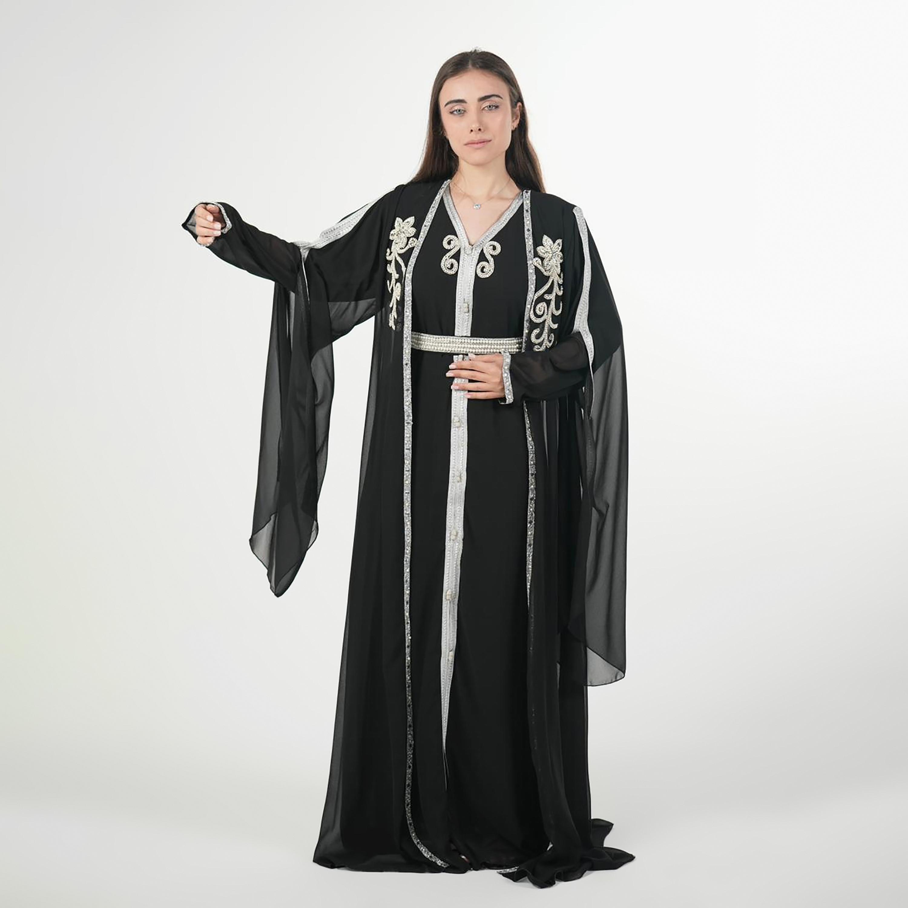 AL BENT AL SHARQIEH Beaded Batwing Sleeves Crepe Women's Evening Kaftan Style Jalabiya-women-arabicclothing-jalabiyas-image-4