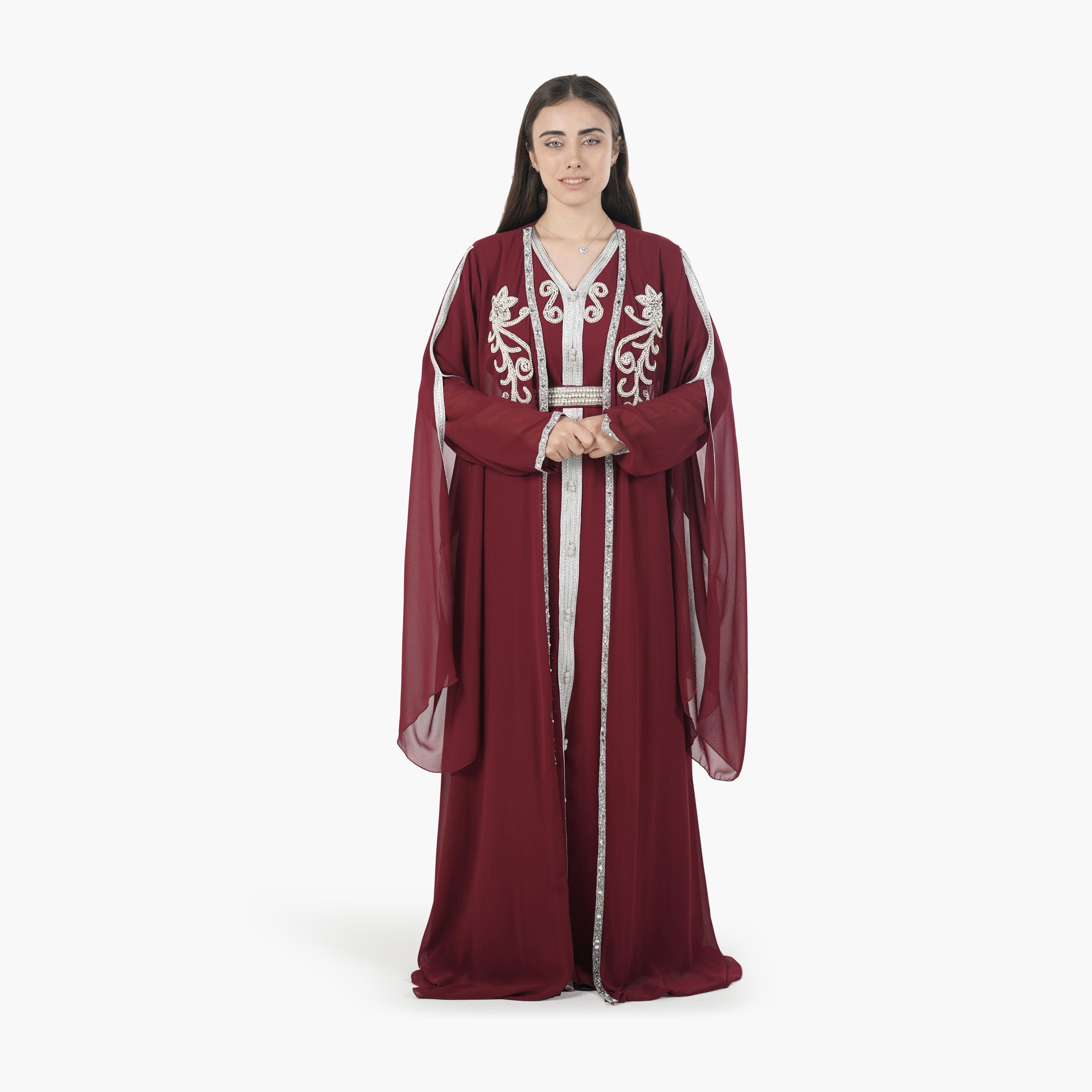 AL BENT AL SHARQIEH Beaded Batwing Sleeves Crepe Women's Evening Kaftan Style Jalabiya-women-arabicclothing-jalabiyas-image-1
