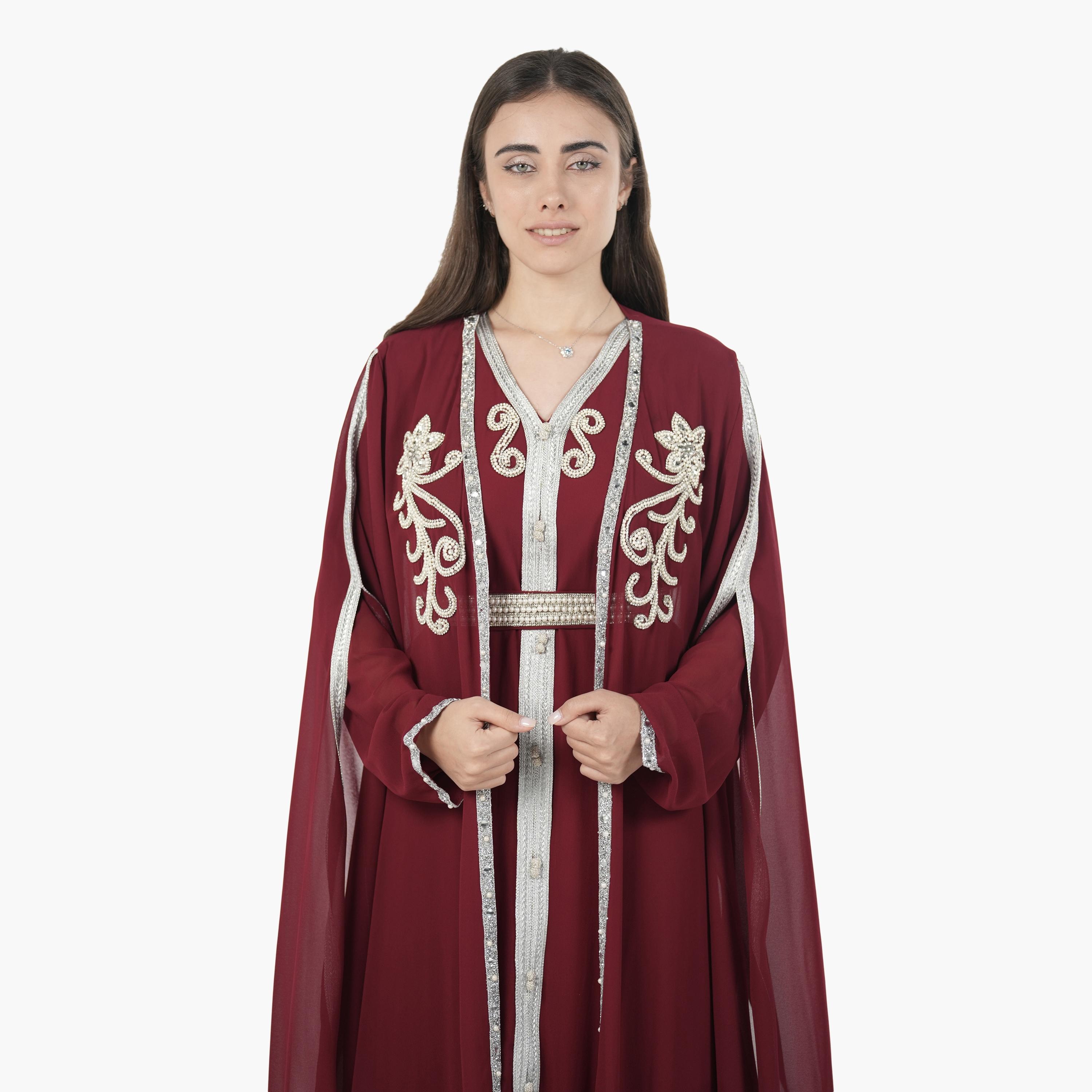 AL BENT AL SHARQIEH Beaded Batwing Sleeves Crepe Women's Evening Kaftan Style Jalabiya-women-arabicclothing-jalabiyas-image-2