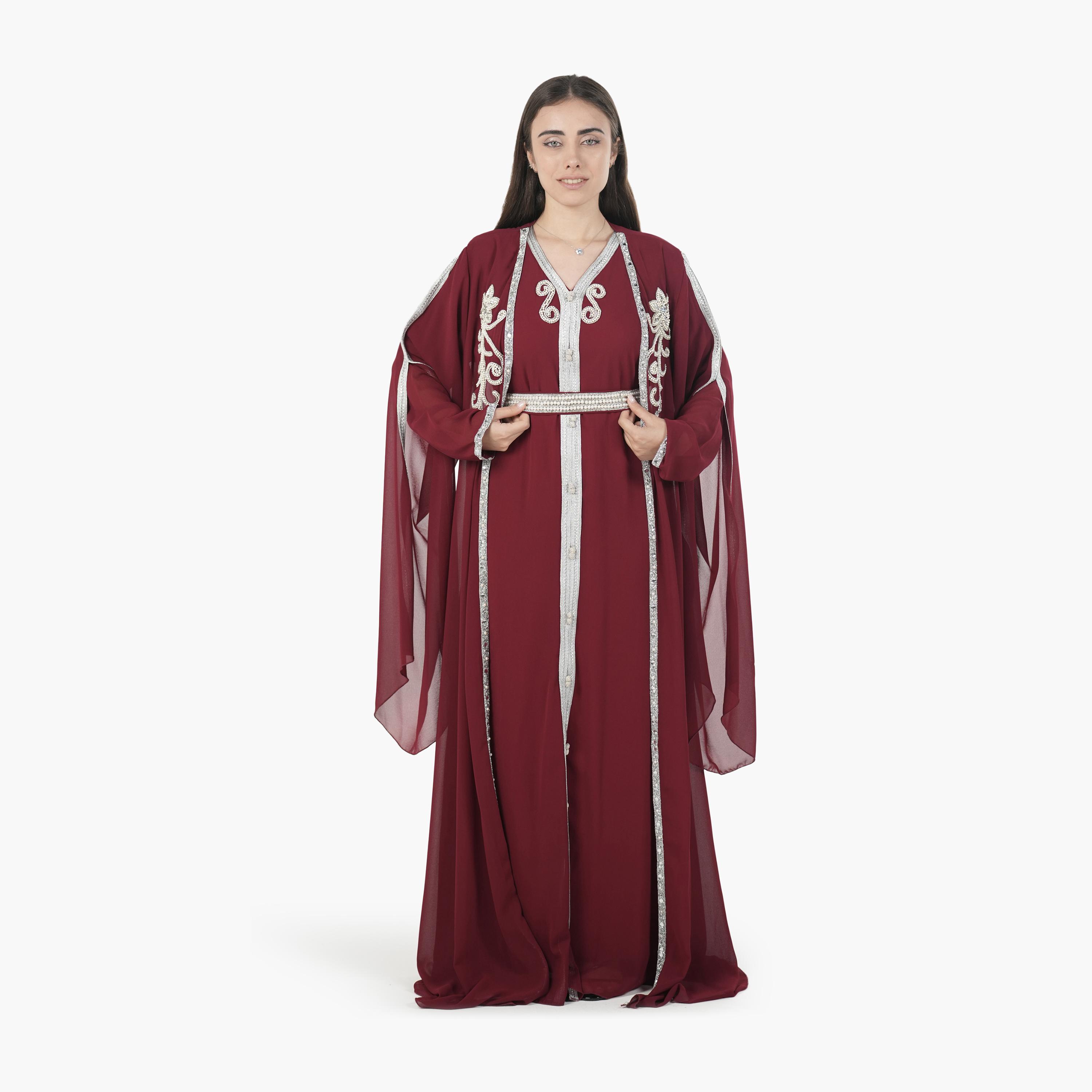 AL BENT AL SHARQIEH Beaded Batwing Sleeves Crepe Women's Evening Kaftan Style Jalabiya-women-arabicclothing-jalabiyas-image-3