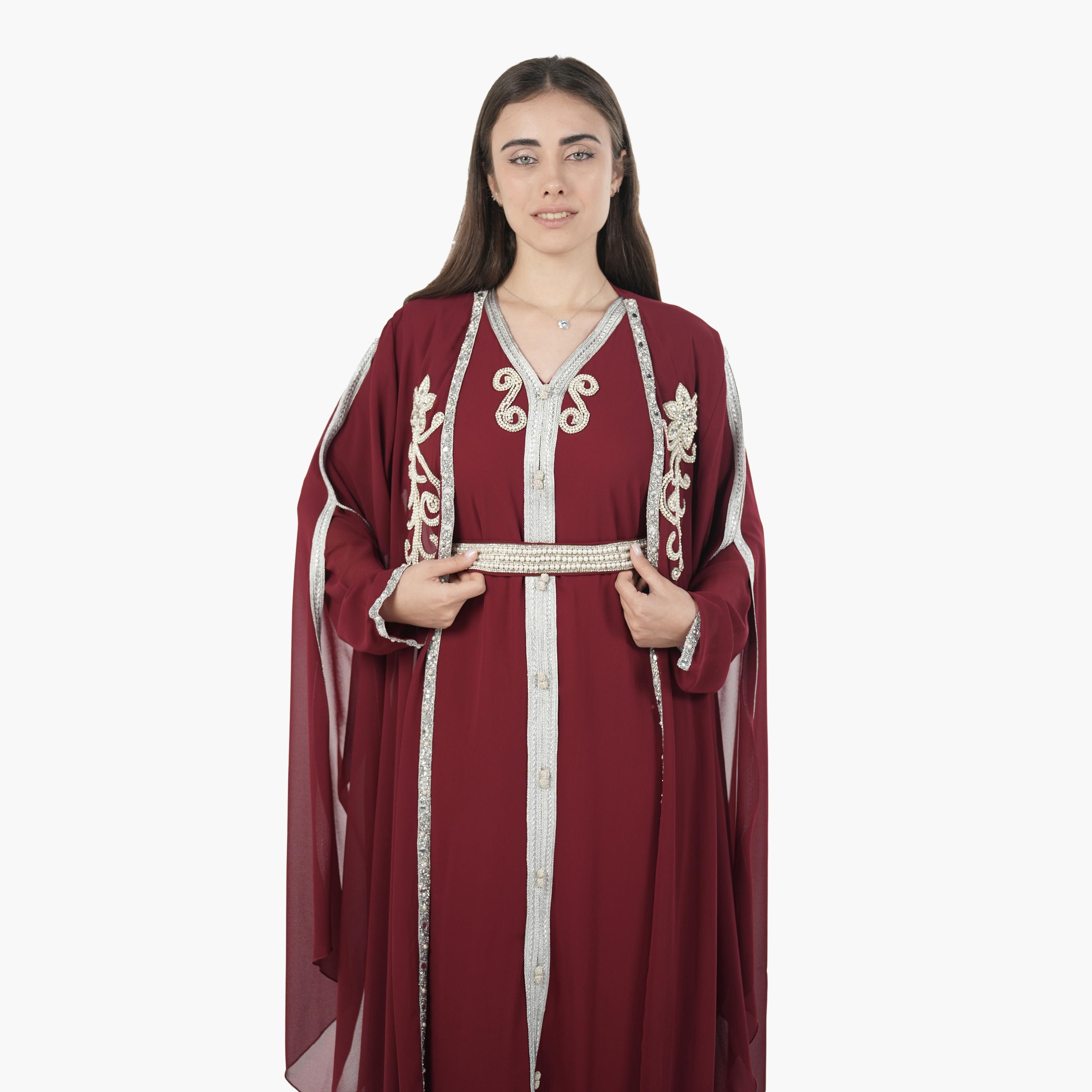 AL BENT AL SHARQIEH Beaded Batwing Sleeves Crepe Women's Evening Kaftan Style Jalabiya-women-arabicclothing-jalabiyas-image-4
