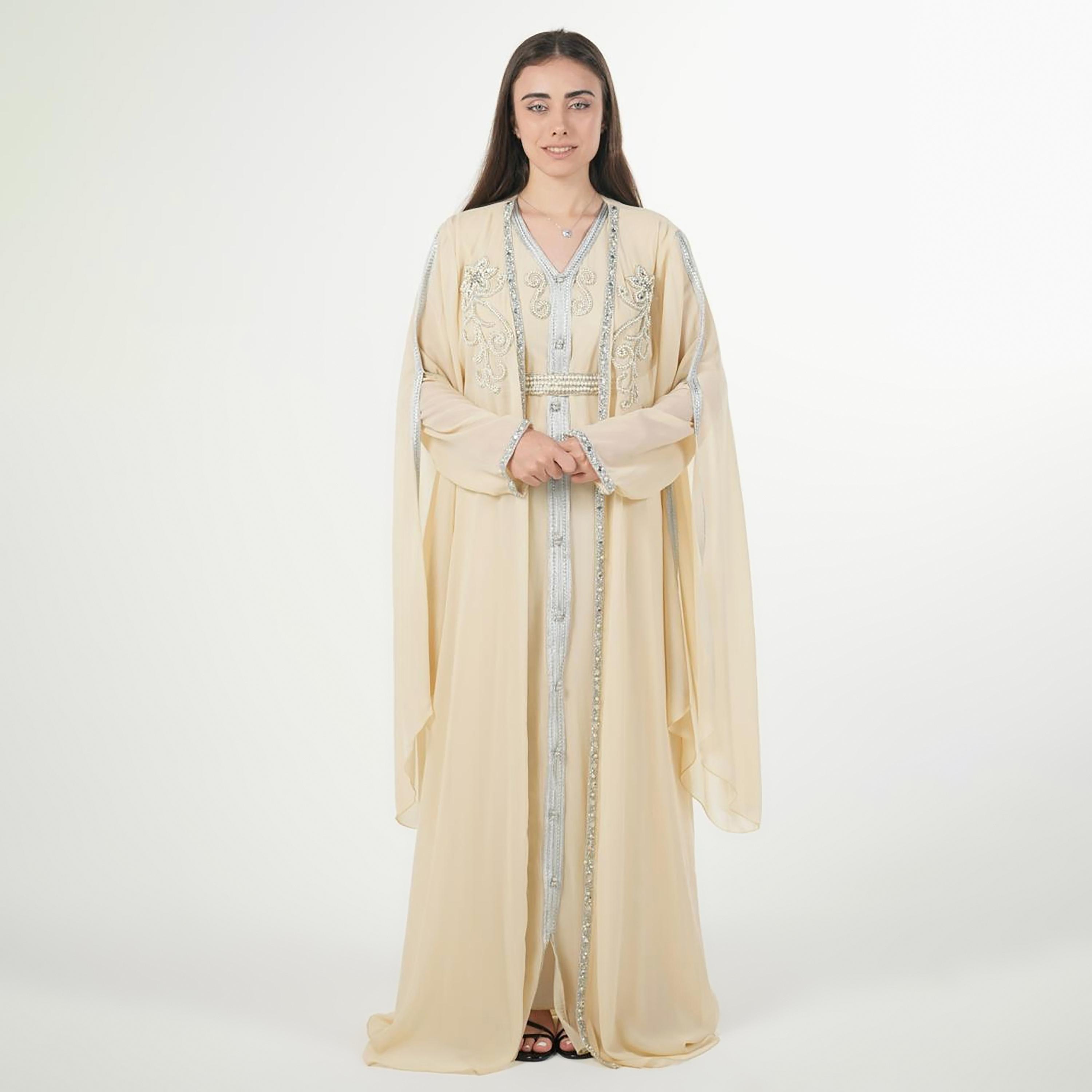 AL BENT AL SHARQIEH Beaded Batwing Sleeves Crepe Women's Evening Kaftan Style Jalabiya-women-arabicclothing-jalabiyas-image-1