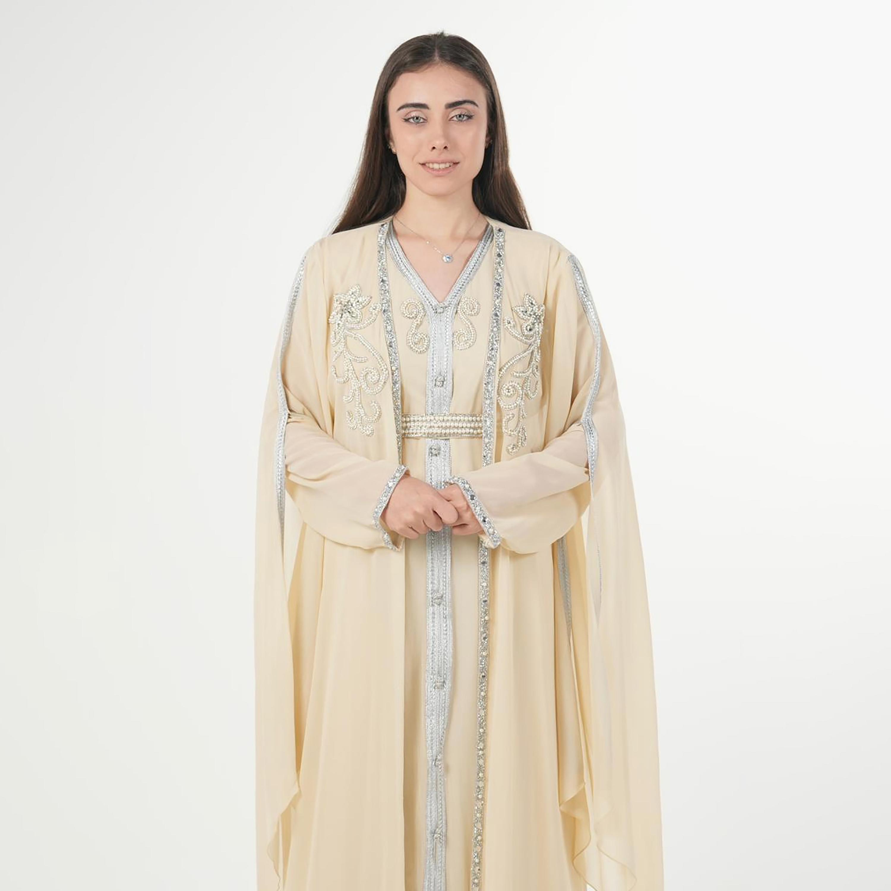 AL BENT AL SHARQIEH Beaded Batwing Sleeves Crepe Women's Evening Kaftan Style Jalabiya-women-arabicclothing-jalabiyas-image-2