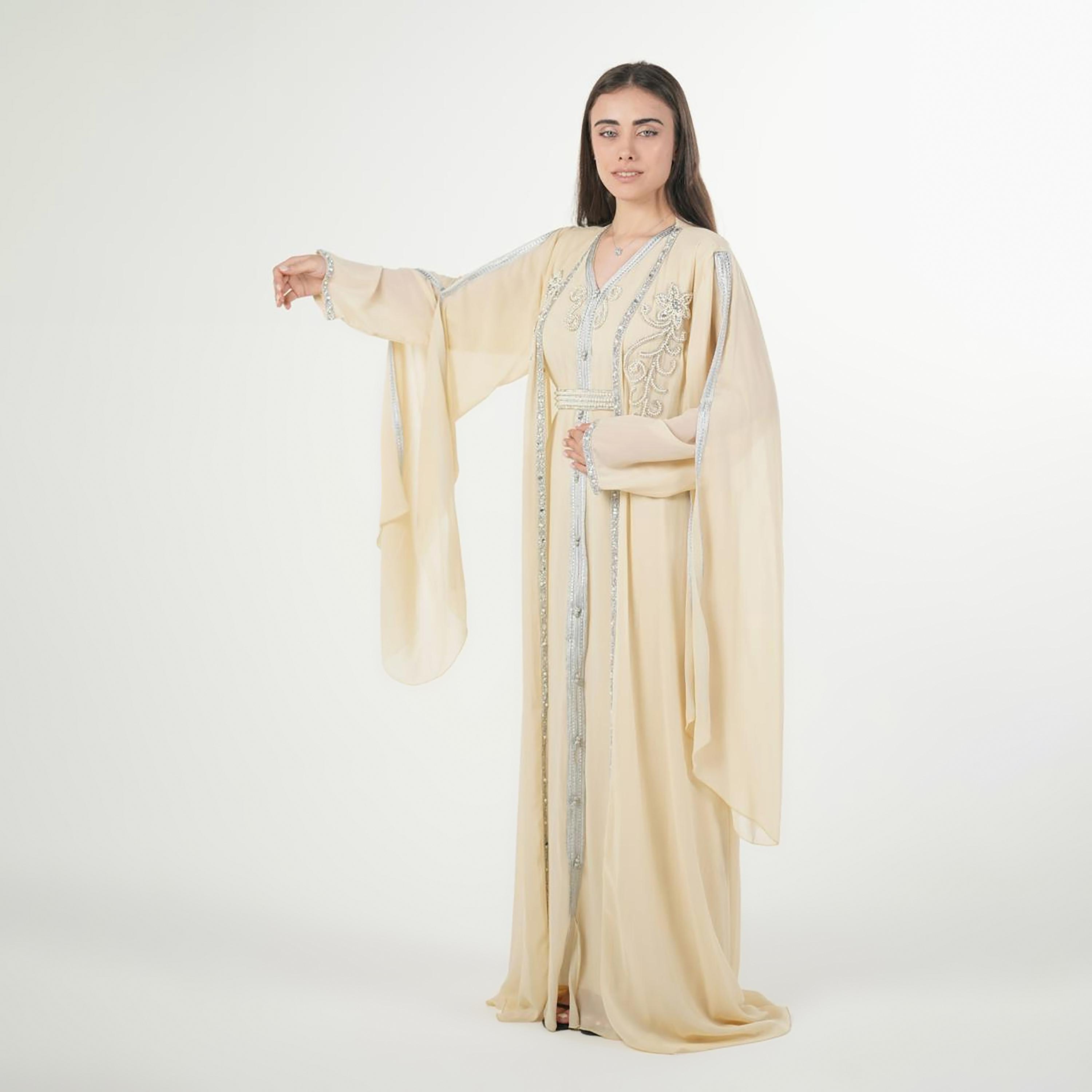 AL BENT AL SHARQIEH Beaded Batwing Sleeves Crepe Women's Evening Kaftan Style Jalabiya-women-arabicclothing-jalabiyas-image-3