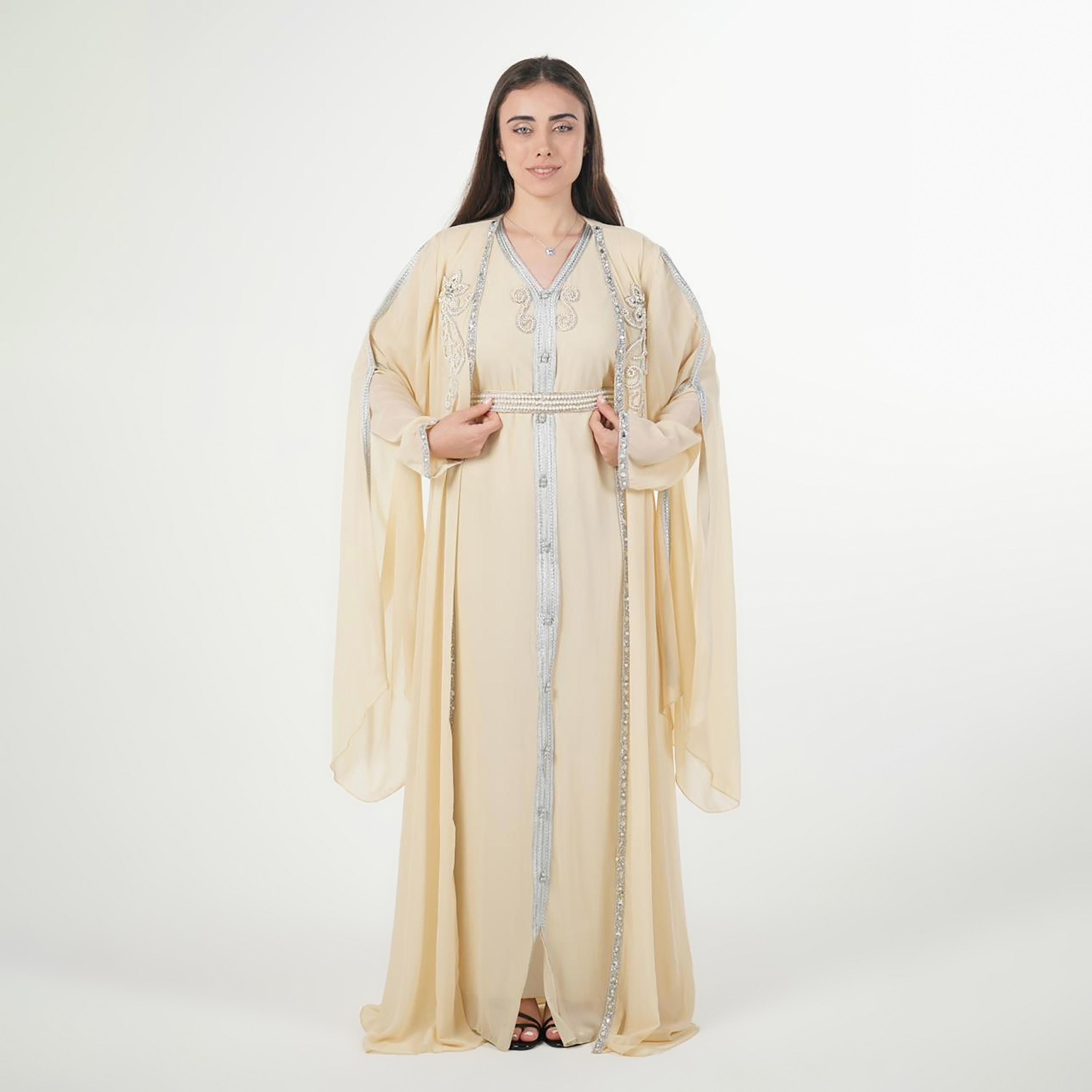 AL BENT AL SHARQIEH Beaded Batwing Sleeves Crepe Women's Evening Kaftan Style Jalabiya-women-arabicclothing-jalabiyas-image-4