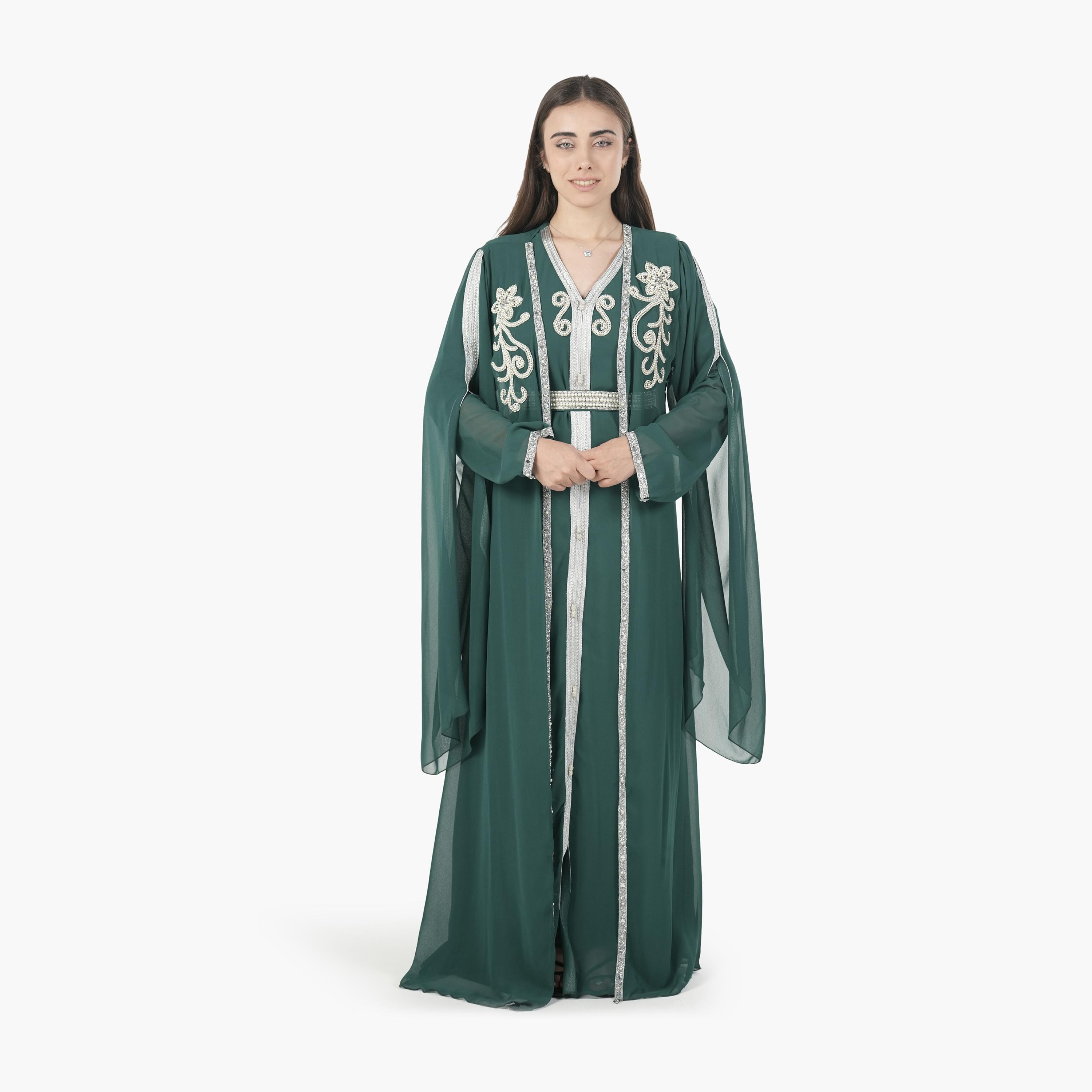 AL BENT AL SHARQIEH Beaded Batwing Sleeves Crepe Women's Evening Kaftan Style Jalabiya-women-arabicclothing-jalabiyas-image-1
