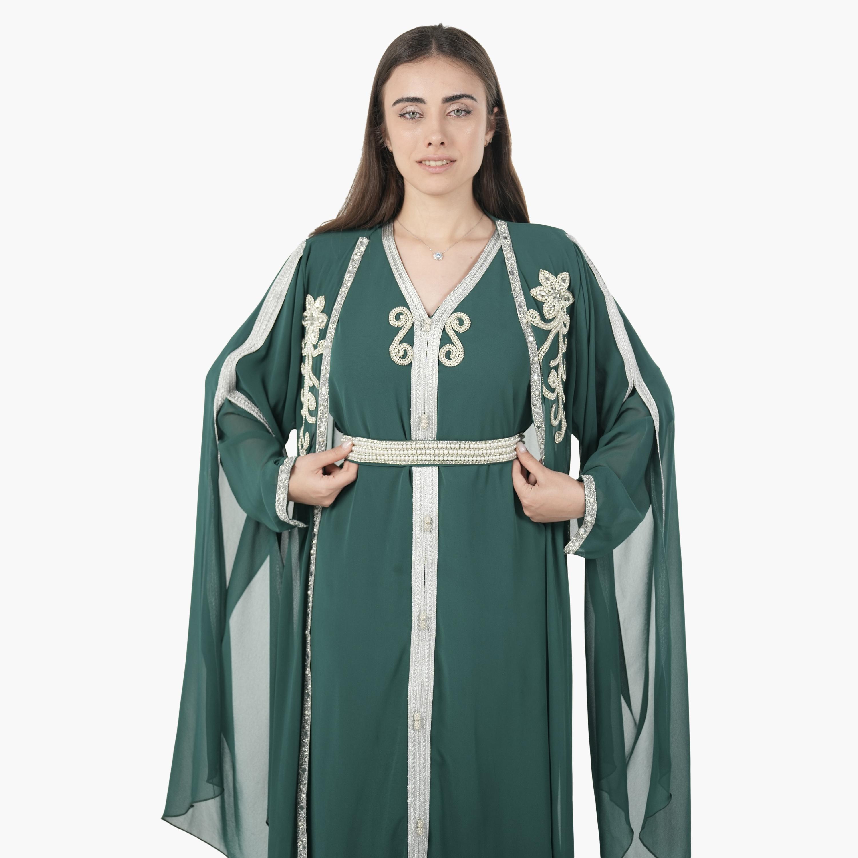 AL BENT AL SHARQIEH Beaded Batwing Sleeves Crepe Women's Evening Kaftan Style Jalabiya-women-arabicclothing-jalabiyas-image-2