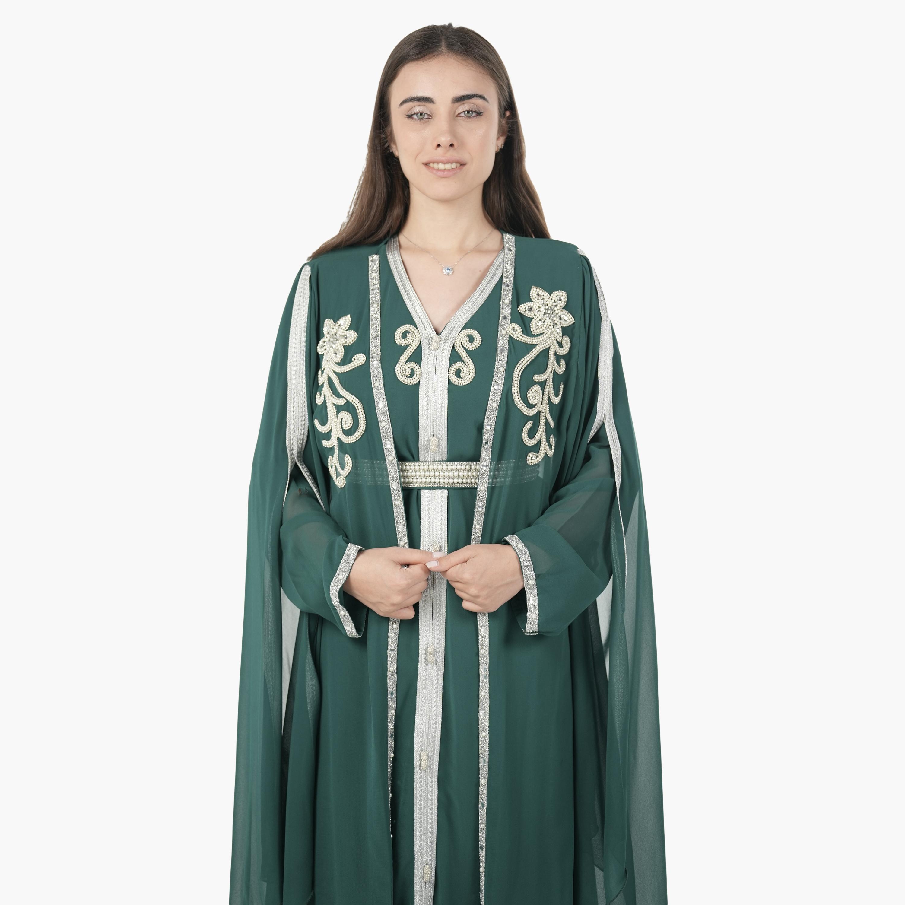 AL BENT AL SHARQIEH Beaded Batwing Sleeves Crepe Women's Evening Kaftan Style Jalabiya-women-arabicclothing-jalabiyas-image-3