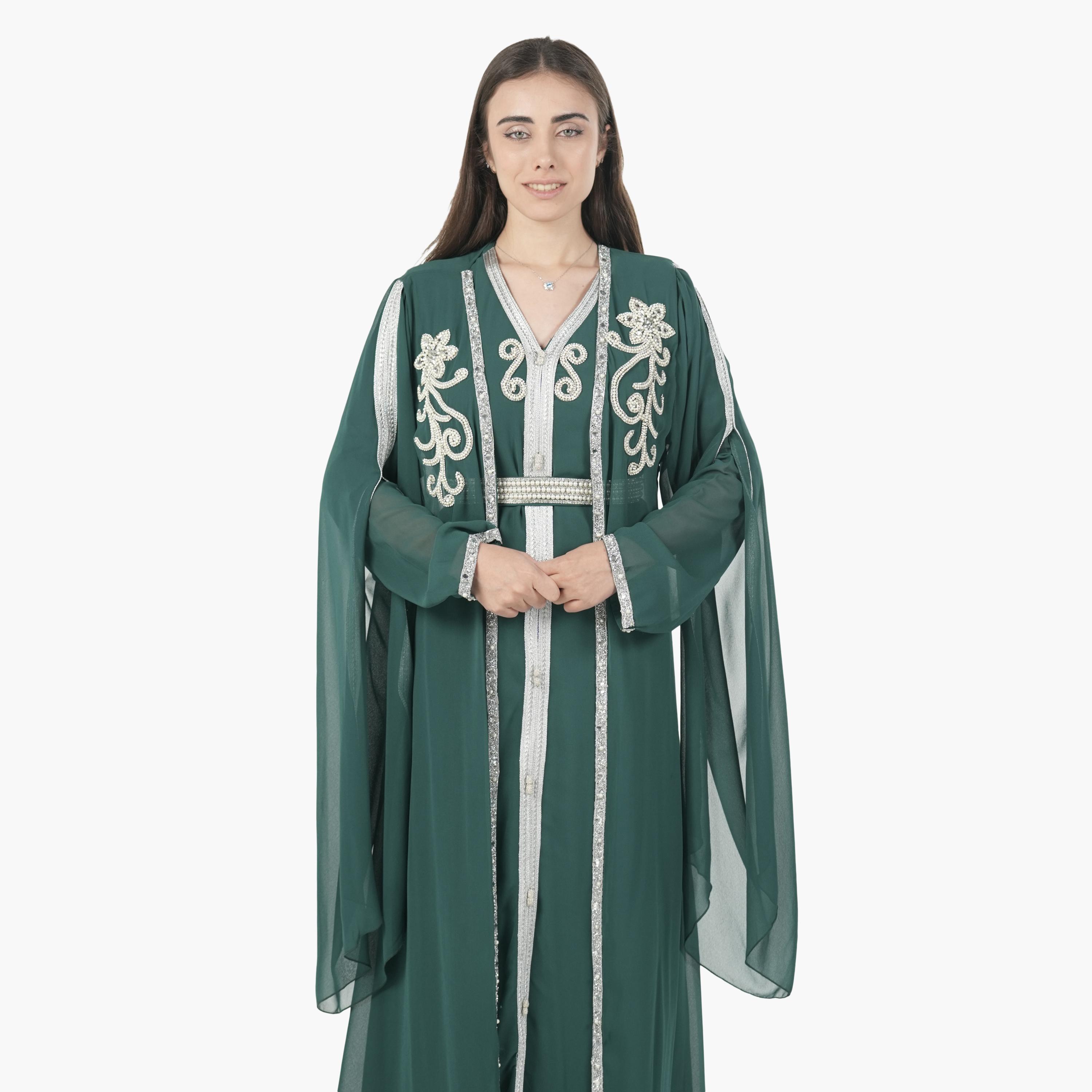 AL BENT AL SHARQIEH Beaded Batwing Sleeves Crepe Women's Evening Kaftan Style Jalabiya-women-arabicclothing-jalabiyas-image-4
