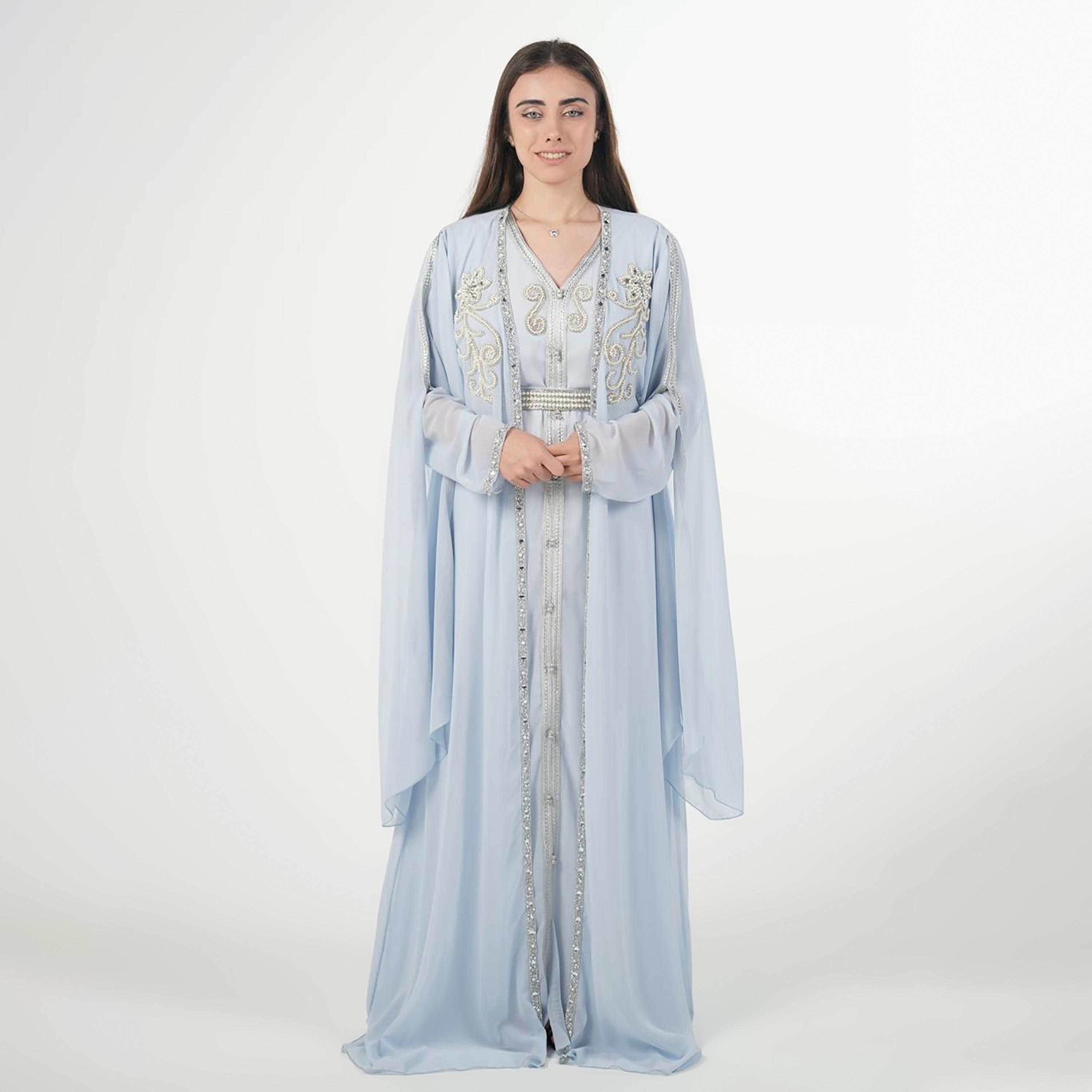 AL BENT AL SHARQIEH Beaded Batwing Sleeves Crepe Women's Evening Kaftan Style Jalabiya-women-arabicclothing-jalabiyas-image-1