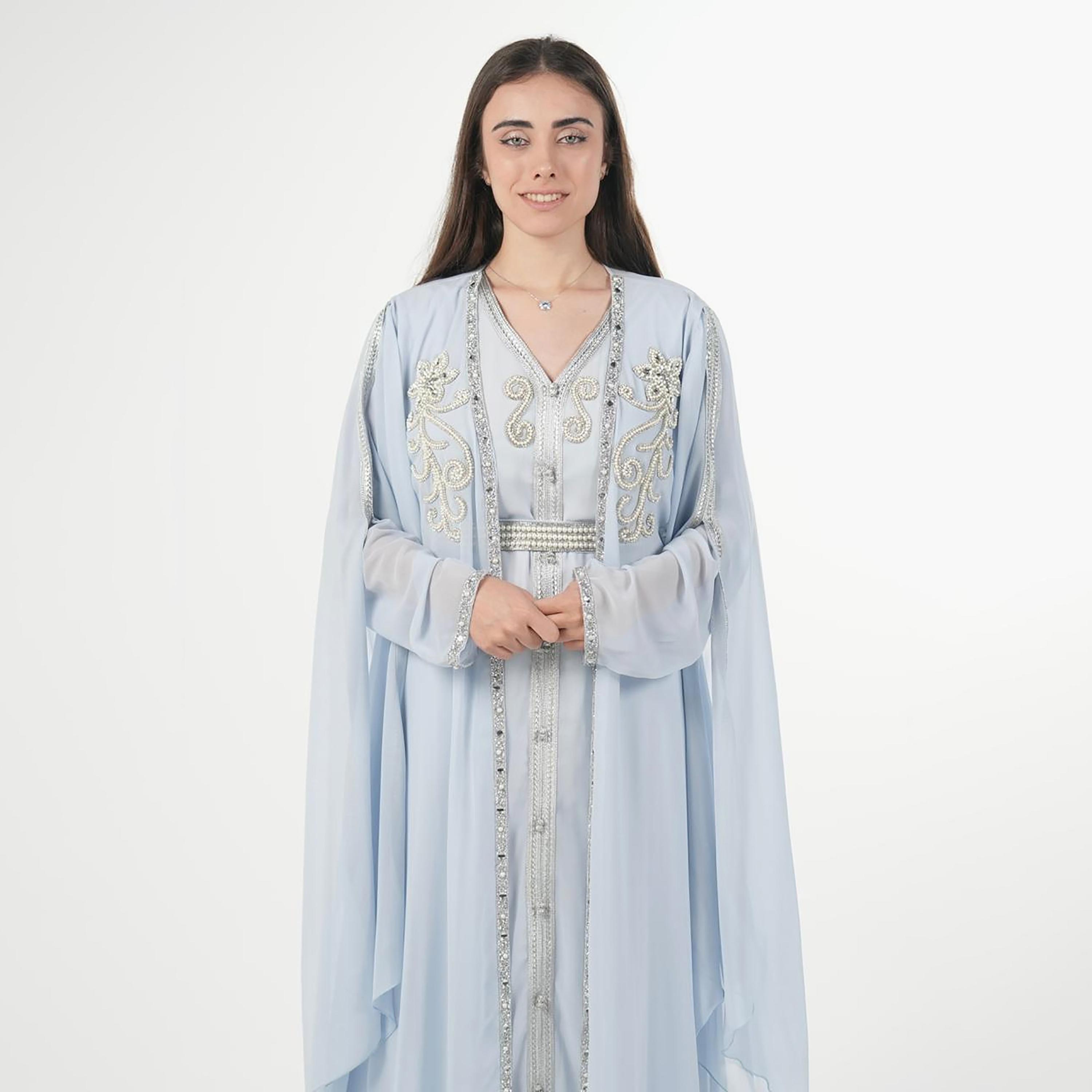 AL BENT AL SHARQIEH Beaded Batwing Sleeves Crepe Women's Evening Kaftan Style Jalabiya-women-arabicclothing-jalabiyas-image-2