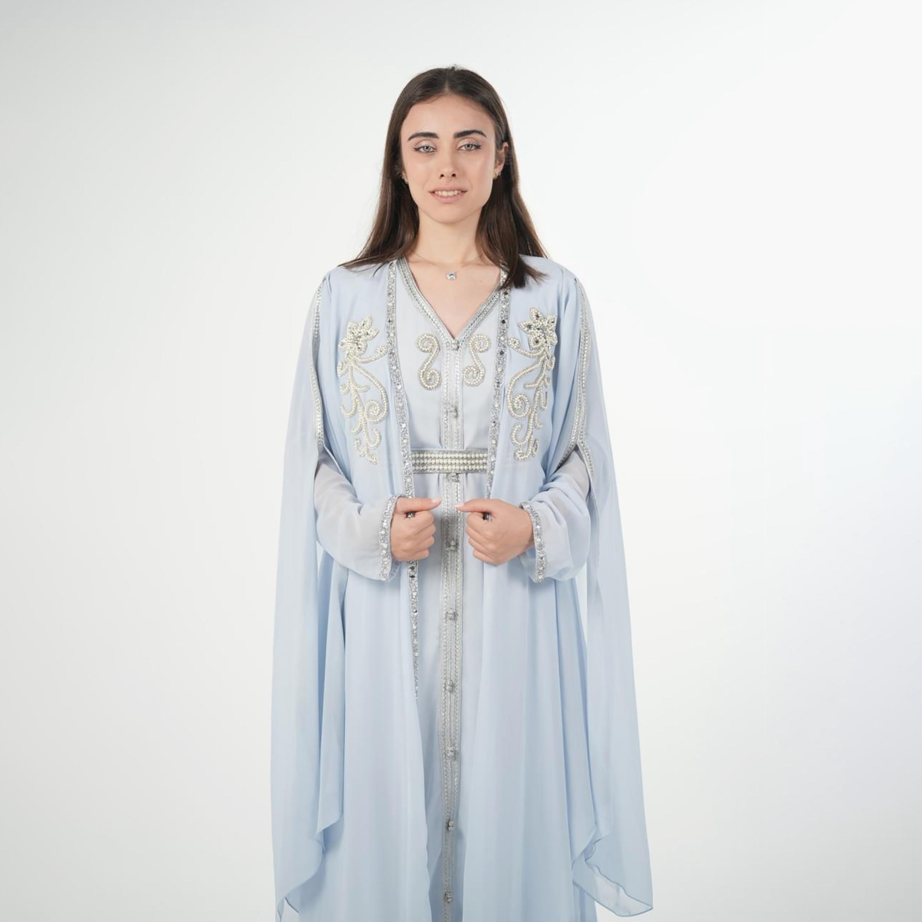 AL BENT AL SHARQIEH Beaded Batwing Sleeves Crepe Women's Evening Kaftan Style Jalabiya-women-arabicclothing-jalabiyas-image-3