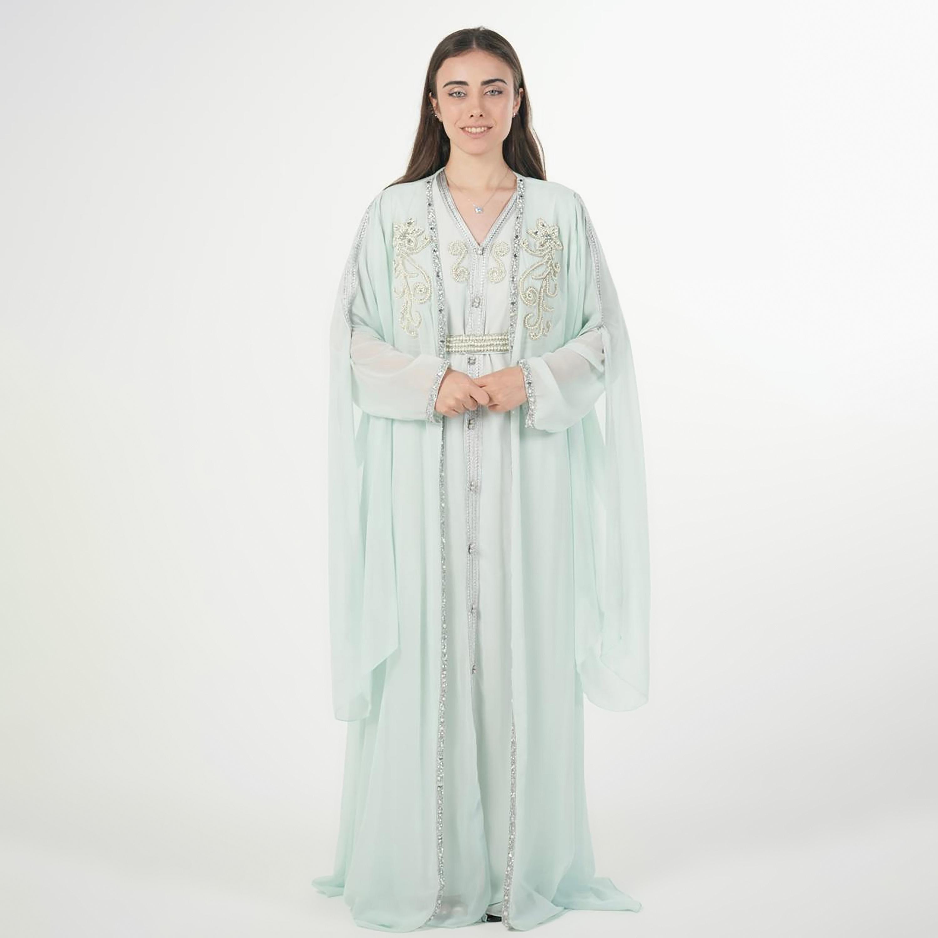AL BENT AL SHARQIEH Beaded Batwing Sleeves Crepe Women's Evening Kaftan Style Jalabiya-women-arabicclothing-jalabiyas-image-1