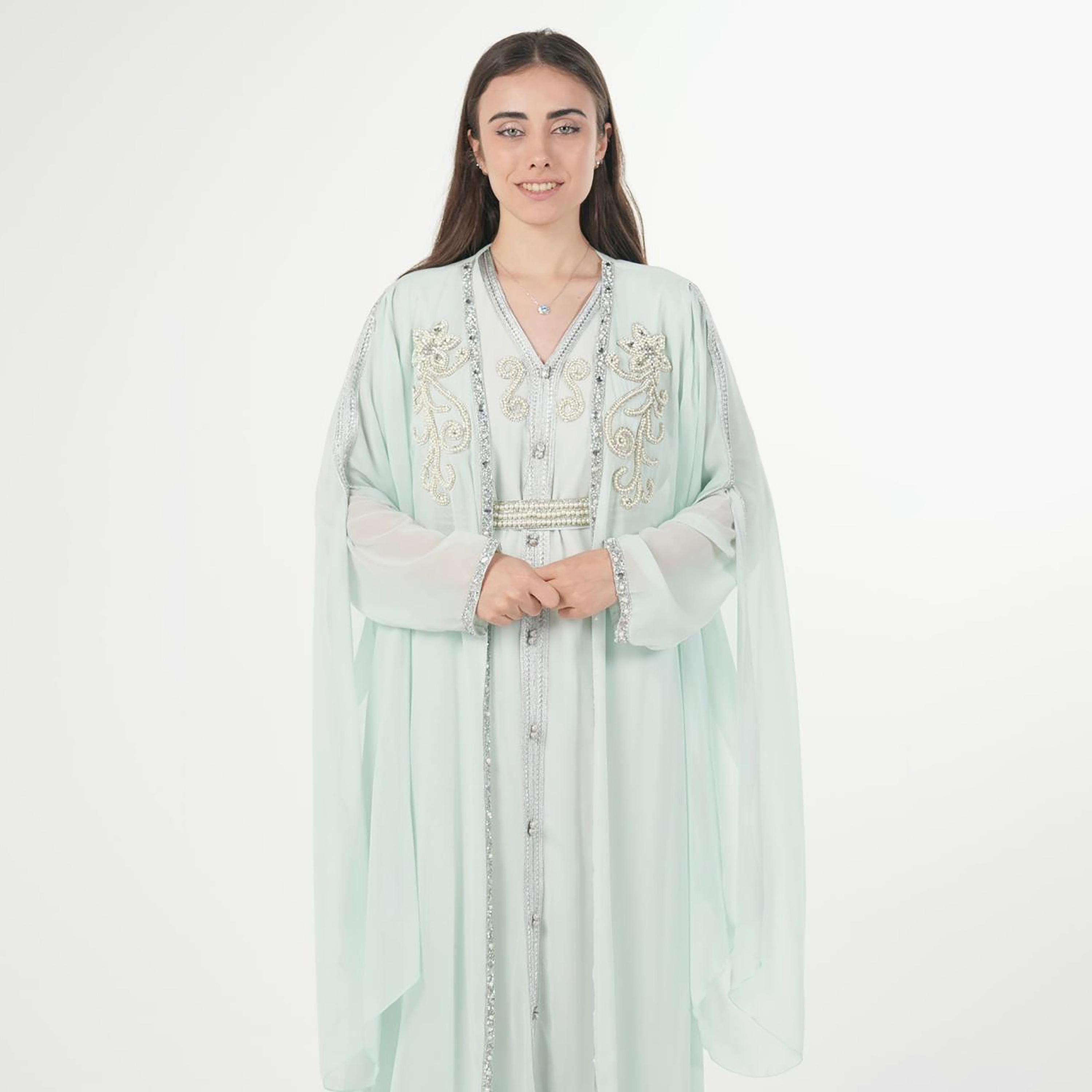AL BENT AL SHARQIEH Beaded Batwing Sleeves Crepe Women's Evening Kaftan Style Jalabiya-women-arabicclothing-jalabiyas-image-2