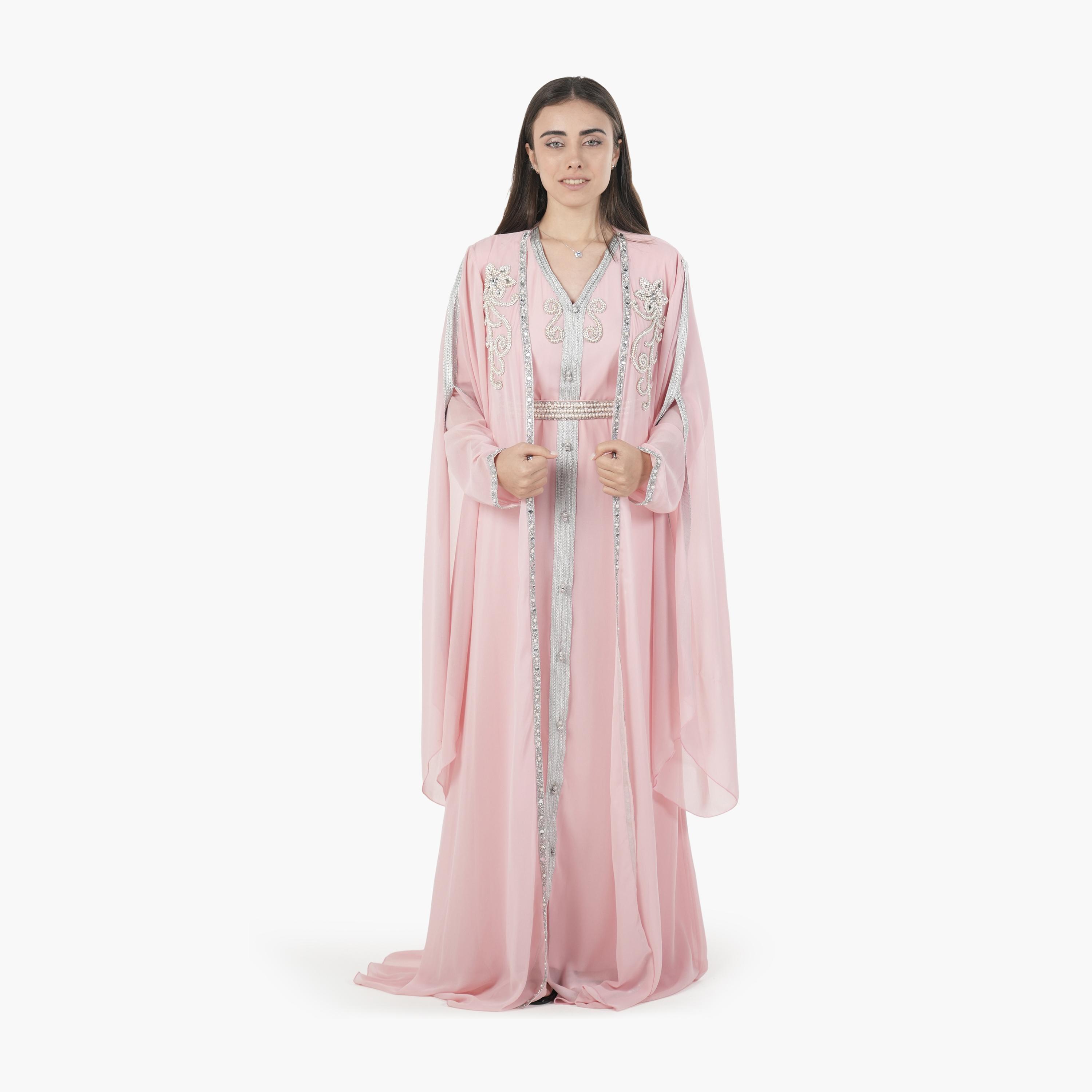 AL BENT AL SHARQIEH Beaded Batwing Sleeves Crepe Women's Evening Kaftan Style Jalabiya-women-arabicclothing-jalabiyas-image-1