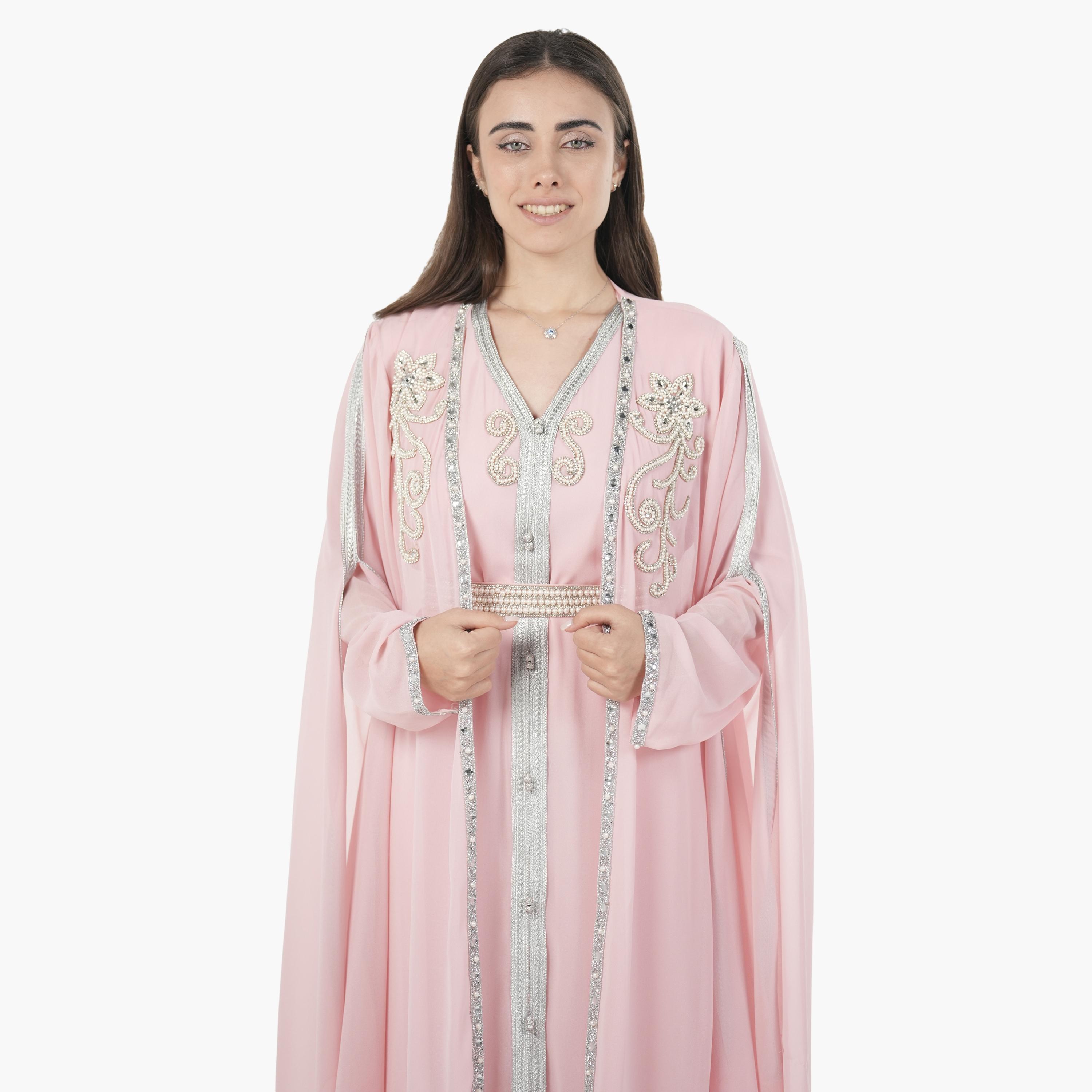 AL BENT AL SHARQIEH Beaded Batwing Sleeves Crepe Women's Evening Kaftan Style Jalabiya-women-arabicclothing-jalabiyas-image-2