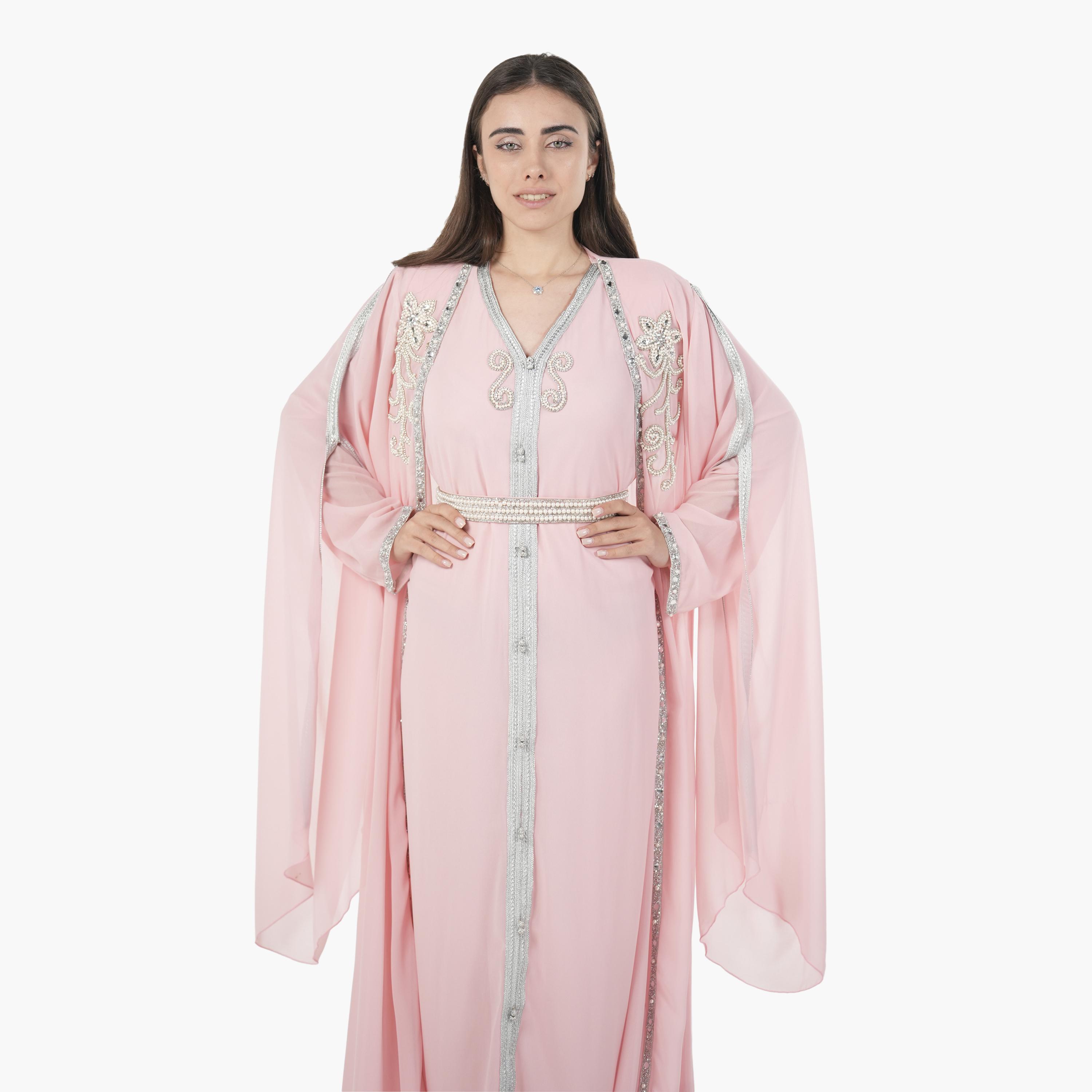 AL BENT AL SHARQIEH Beaded Batwing Sleeves Crepe Women's Evening Kaftan Style Jalabiya-women-arabicclothing-jalabiyas-image-3