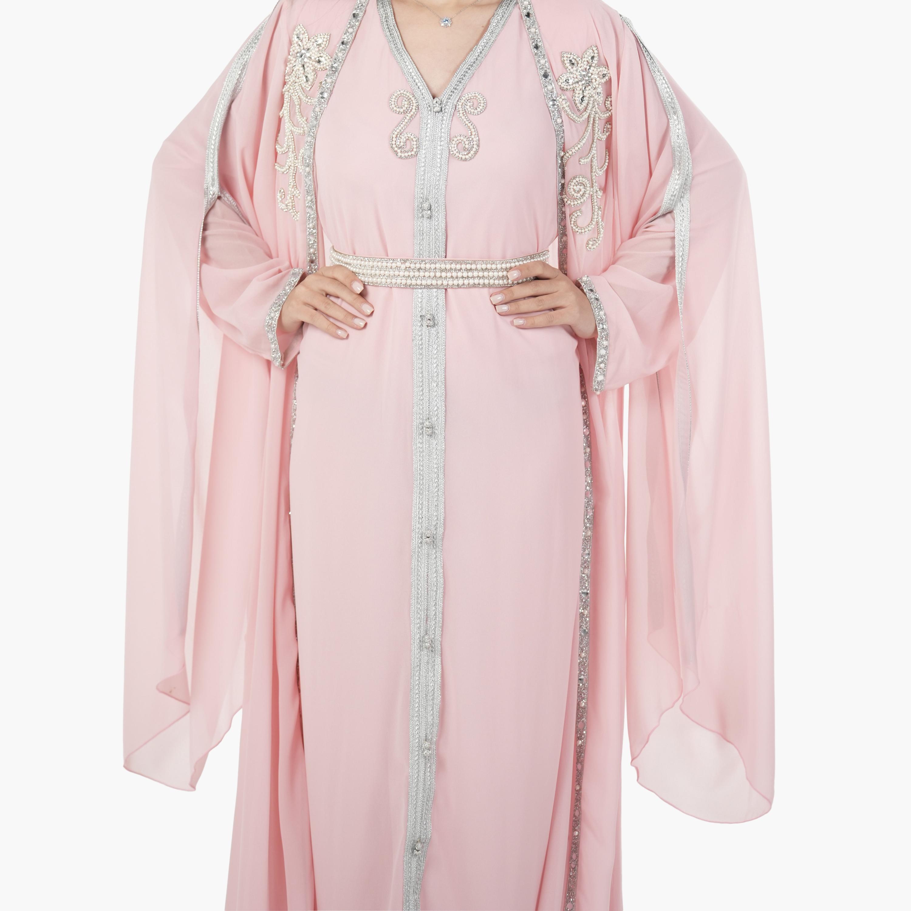 AL BENT AL SHARQIEH Beaded Batwing Sleeves Crepe Women's Evening Kaftan Style Jalabiya-women-arabicclothing-jalabiyas-image-4