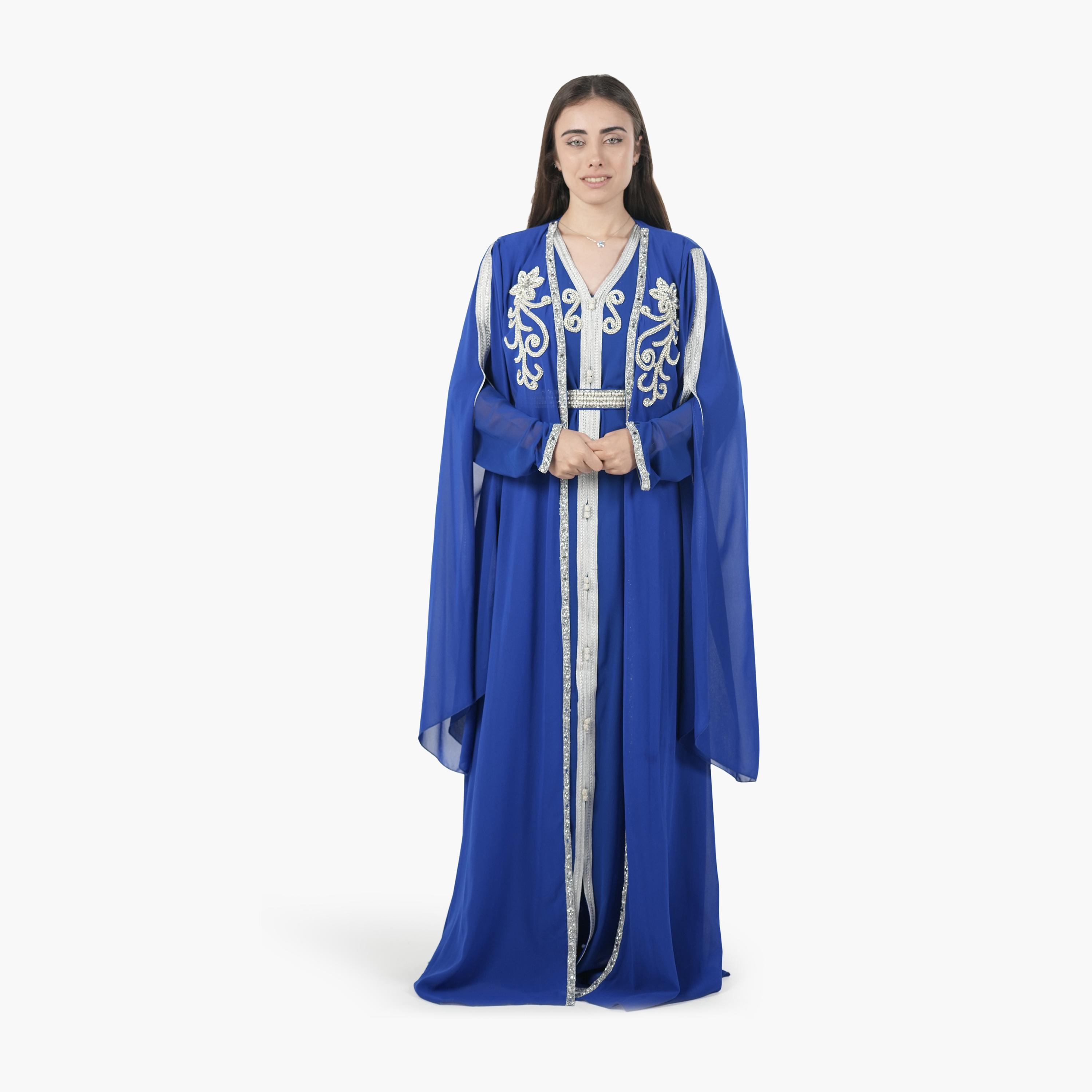 AL BENT AL SHARQIEH Beaded Batwing Sleeves Crepe Women's Evening Kaftan Style Jalabiya-women-arabicclothing-jalabiyas-image-1