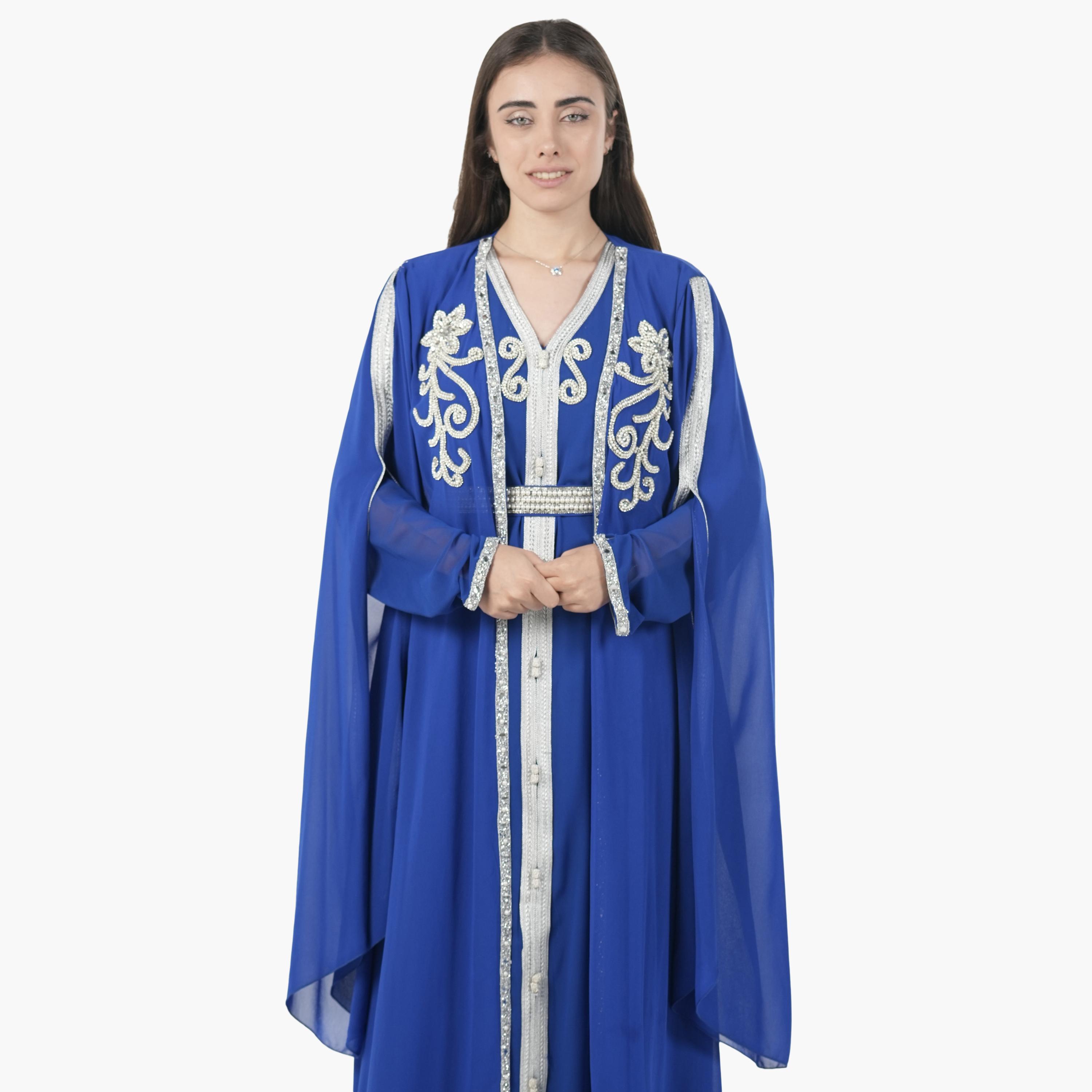 AL BENT AL SHARQIEH Beaded Batwing Sleeves Crepe Women's Evening Kaftan Style Jalabiya-women-arabicclothing-jalabiyas-image-3