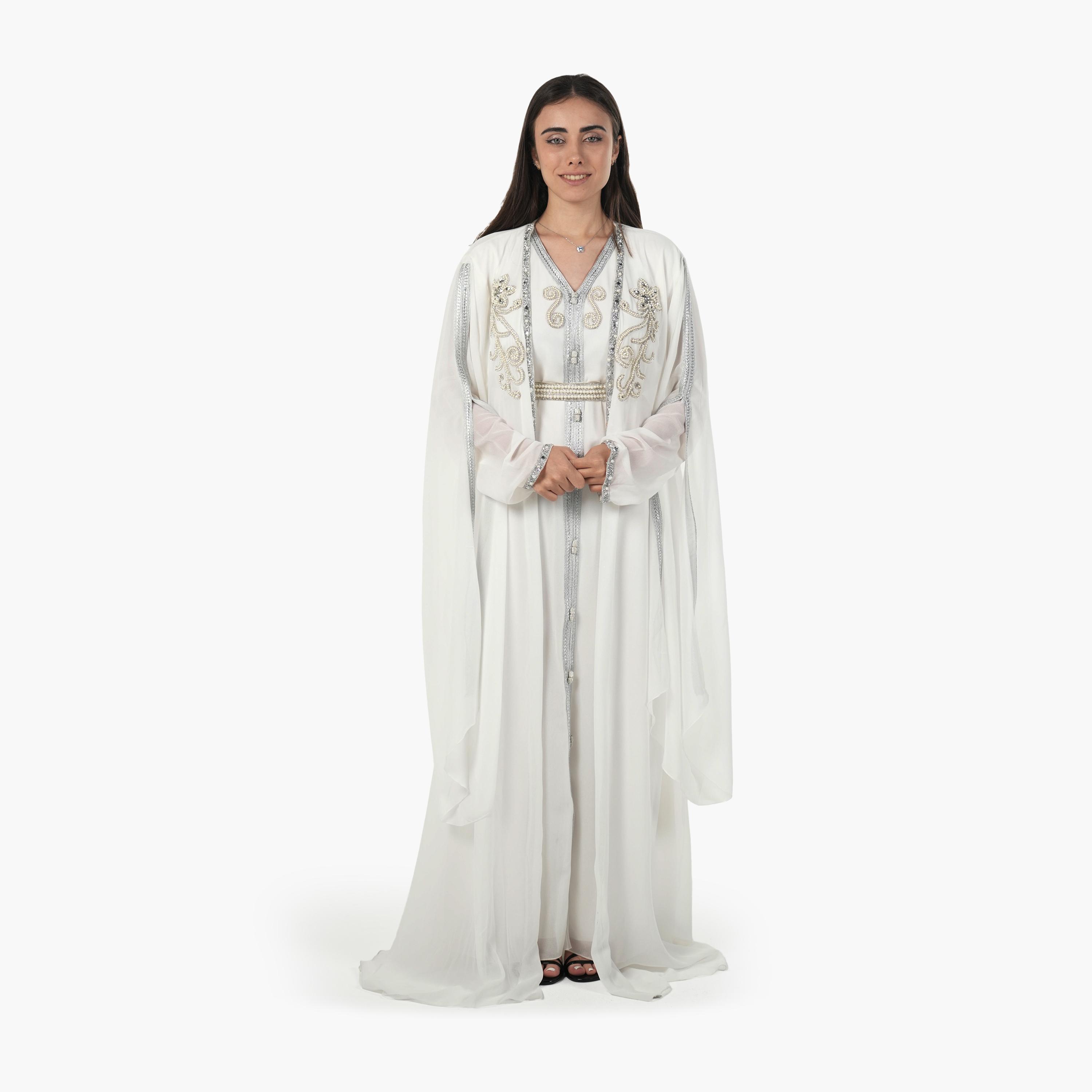 AL BENT AL SHARQIEH Beaded Batwing Sleeves Crepe Women's Evening Kaftan Style Jalabiya-women-arabicclothing-jalabiyas-image-1