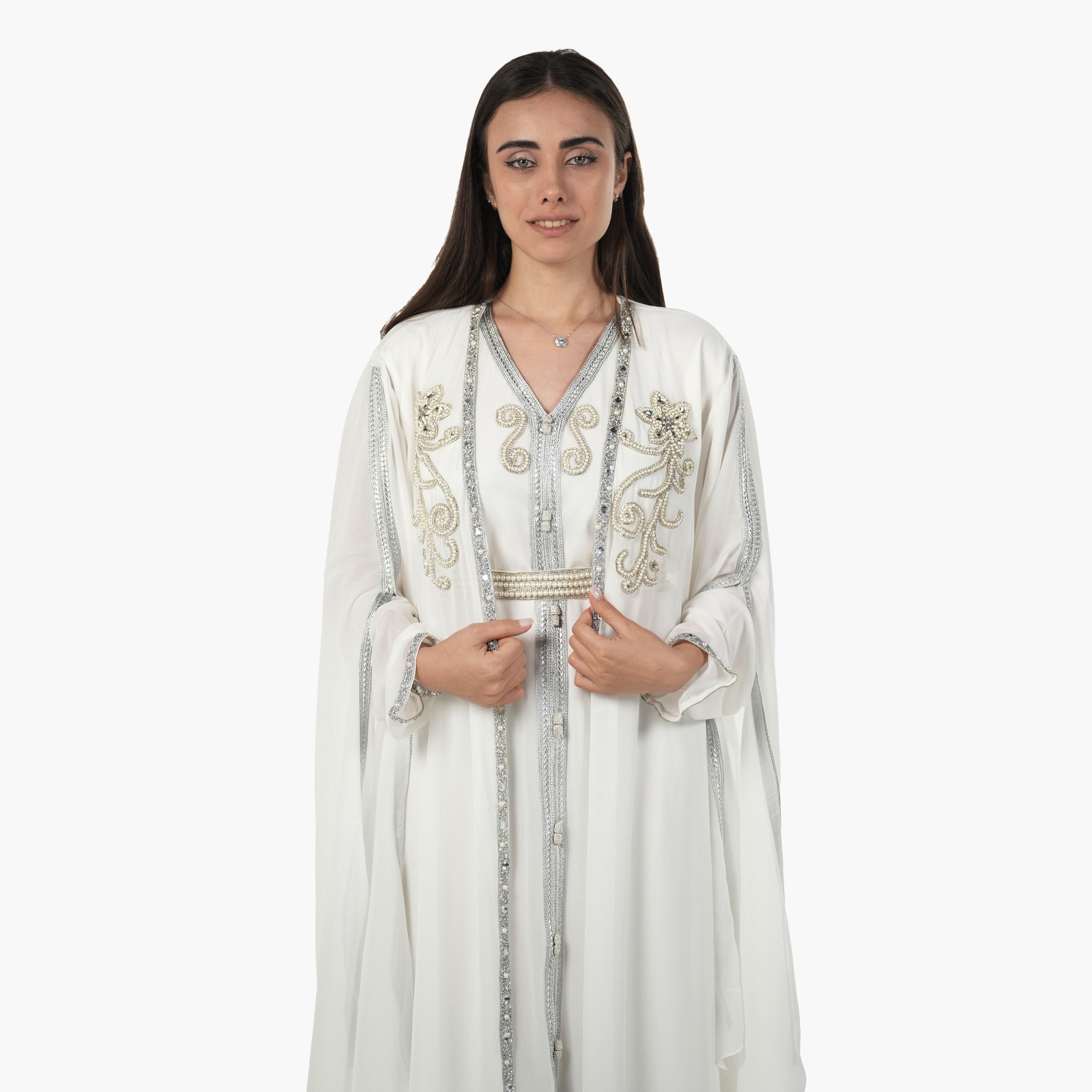 AL BENT AL SHARQIEH Beaded Batwing Sleeves Crepe Women's Evening Kaftan Style Jalabiya-women-arabicclothing-jalabiyas-image-2