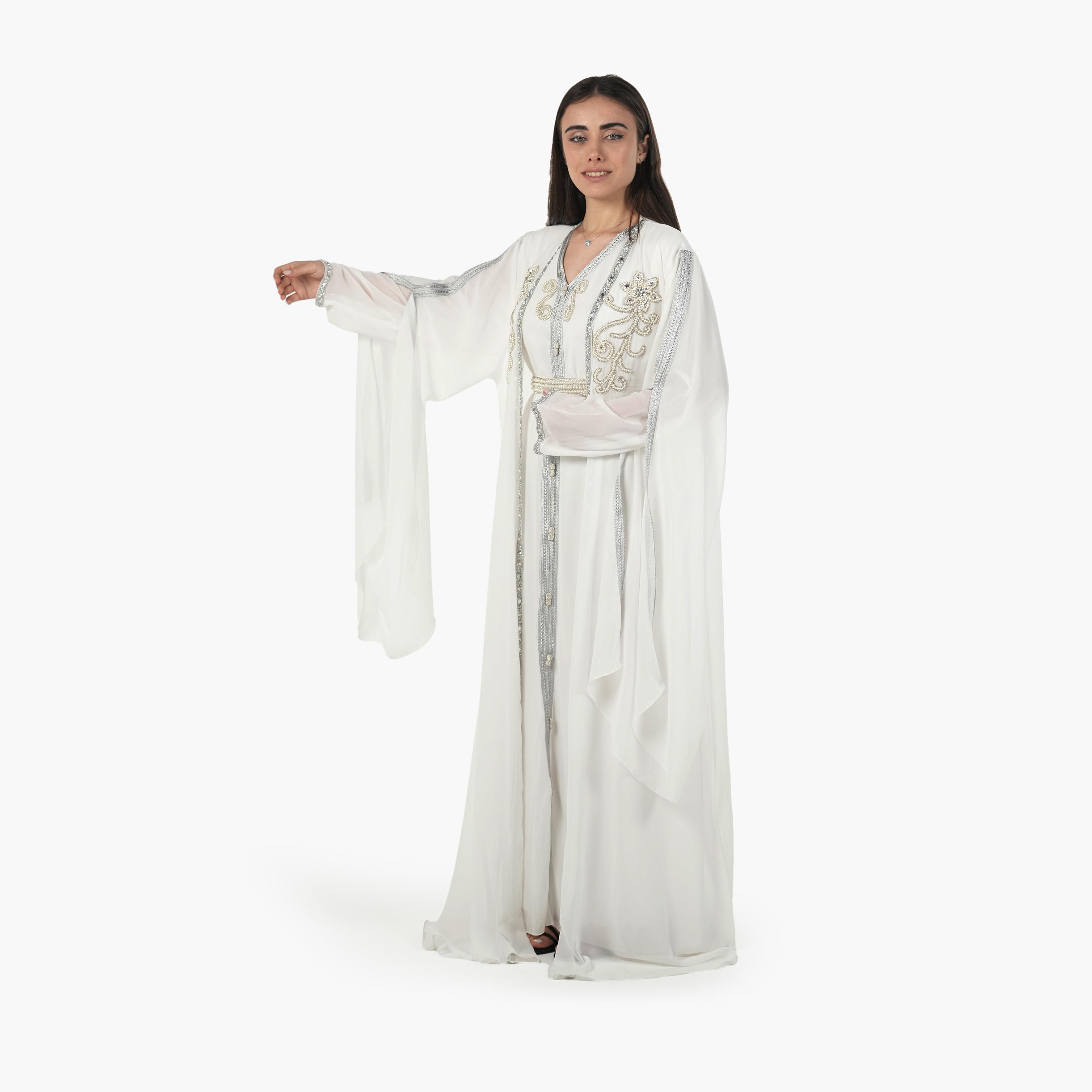 AL BENT AL SHARQIEH Beaded Batwing Sleeves Crepe Women's Evening Kaftan Style Jalabiya-women-arabicclothing-jalabiyas-image-3