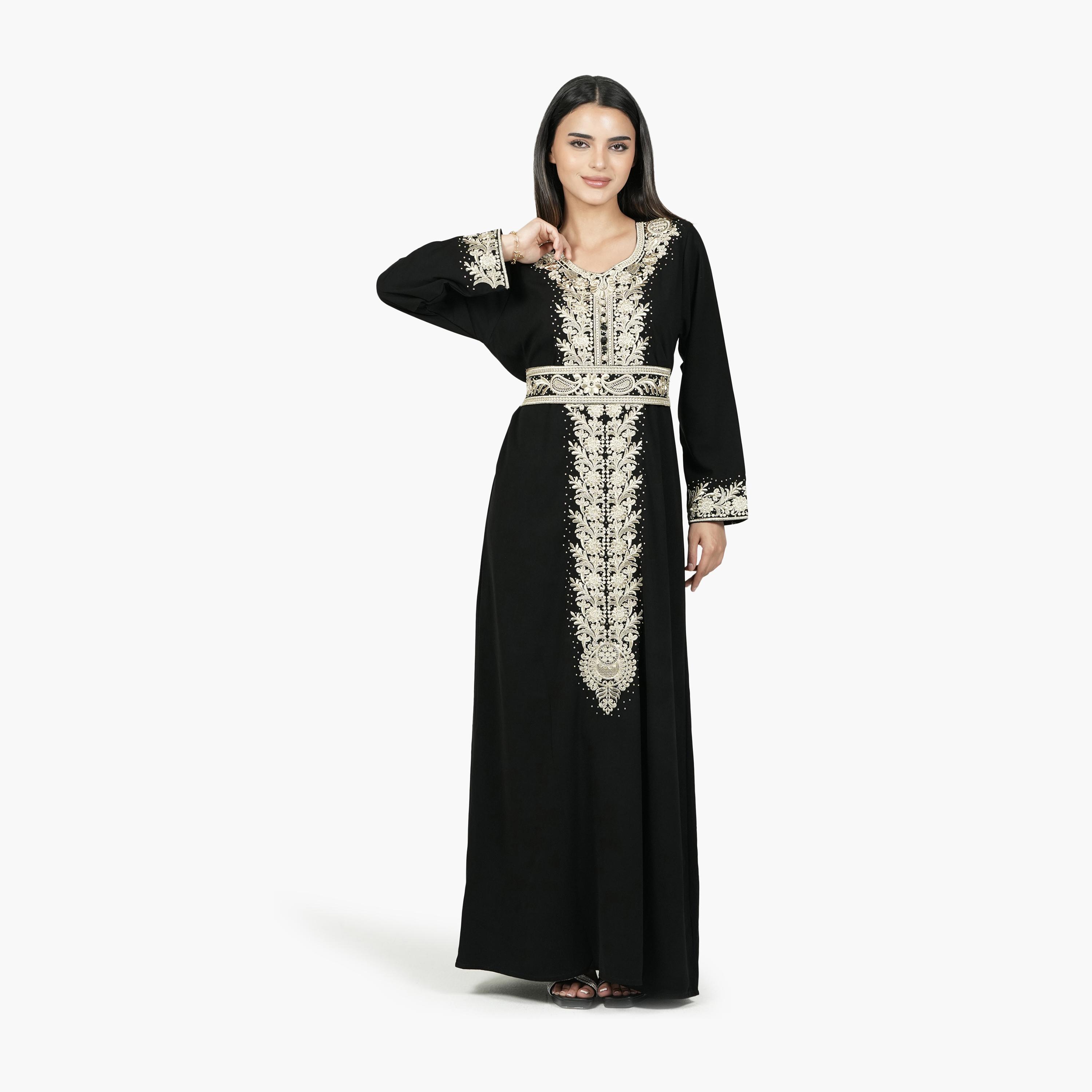 AL BENT AL SHARQIEH Black Embroidered Crepe Women's Evening Moroccan-Style Jalabiya with Belt-women-arabicclothing-jalabiyas-image-1