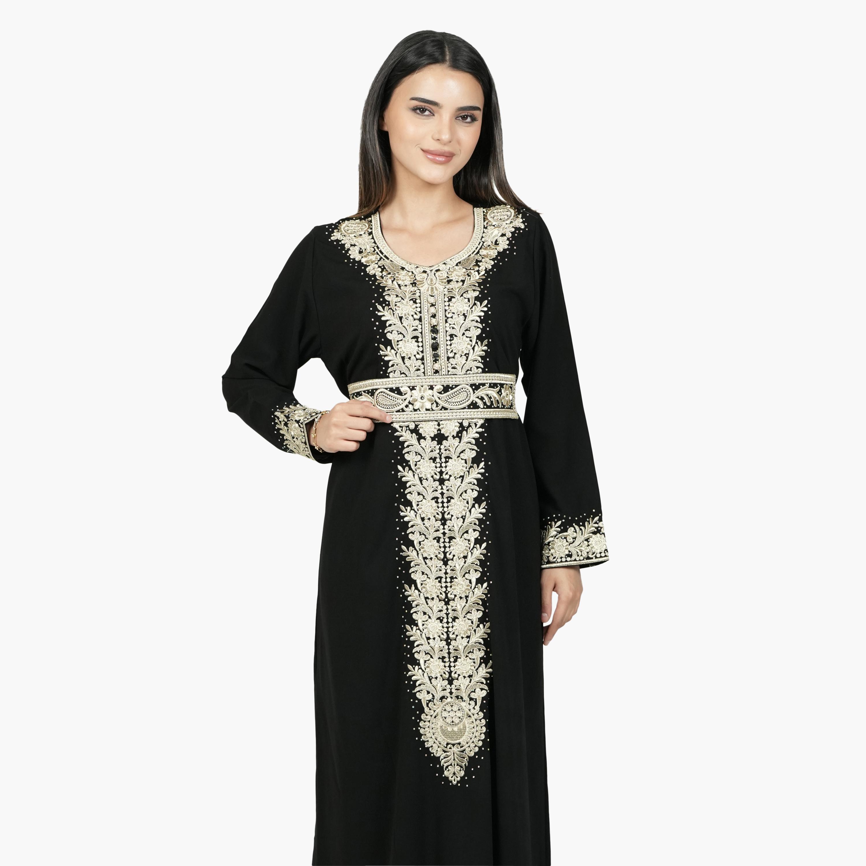 AL BENT AL SHARQIEH Black Embroidered Crepe Women's Evening Moroccan-Style Jalabiya with Belt-women-arabicclothing-jalabiyas-image-2