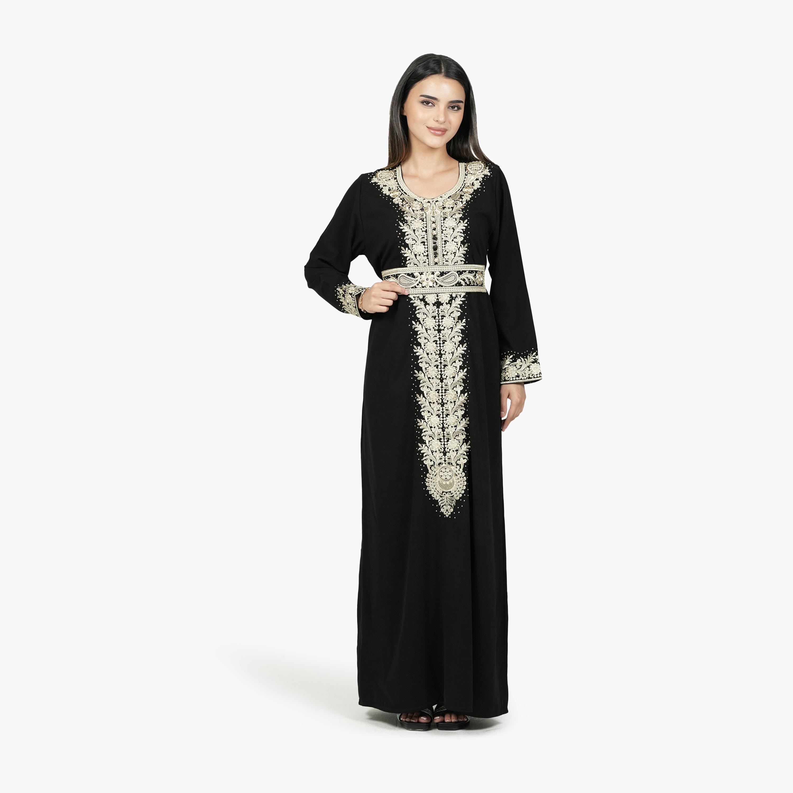 AL BENT AL SHARQIEH Black Embroidered Crepe Women's Evening Moroccan-Style Jalabiya with Belt-women-arabicclothing-jalabiyas-image-3