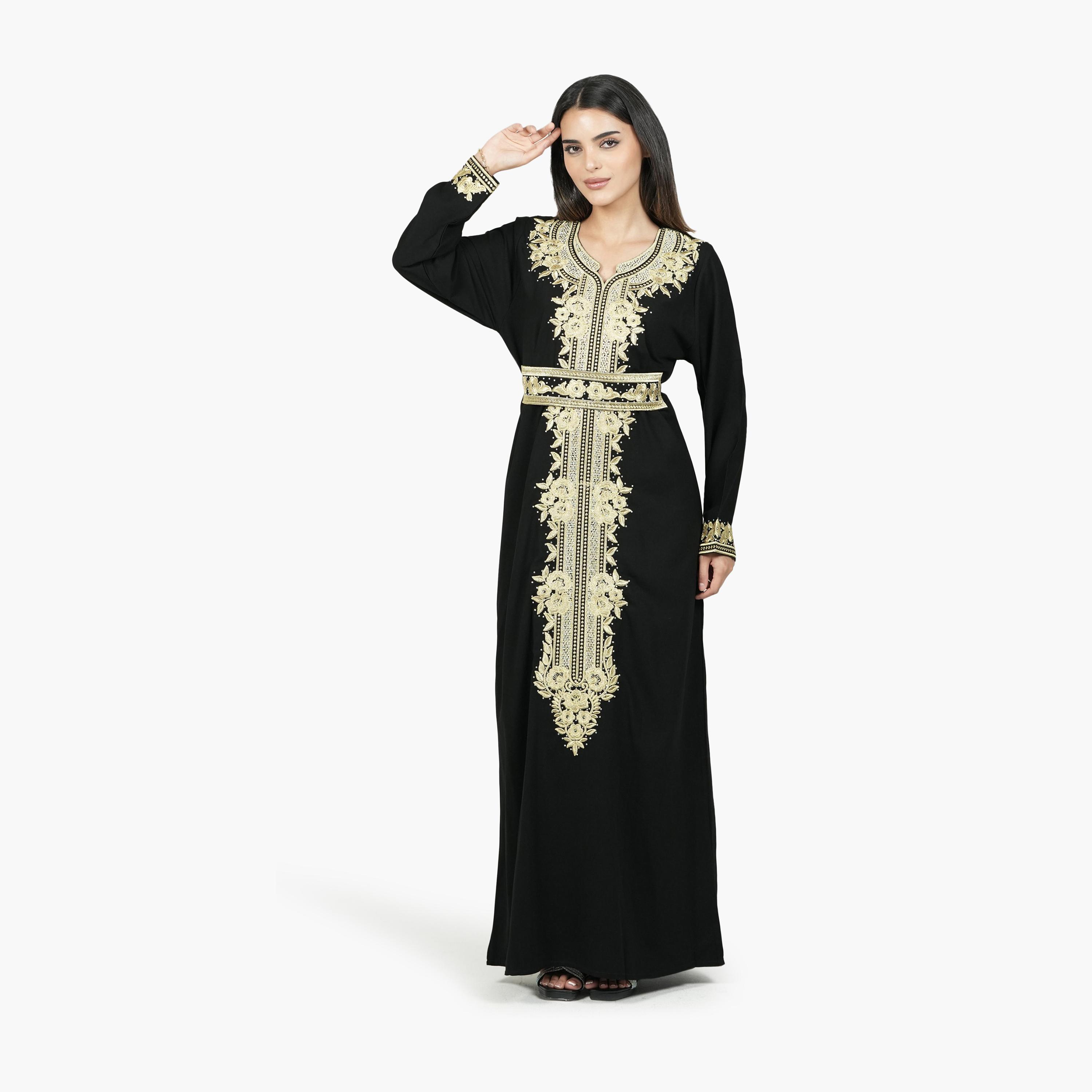 AL BENT AL SHARQIEH Black Embroidered Crepe Women's Evening Moroccan-Style Jalabiya with Belt-women-arabicclothing-jalabiyas-image-1