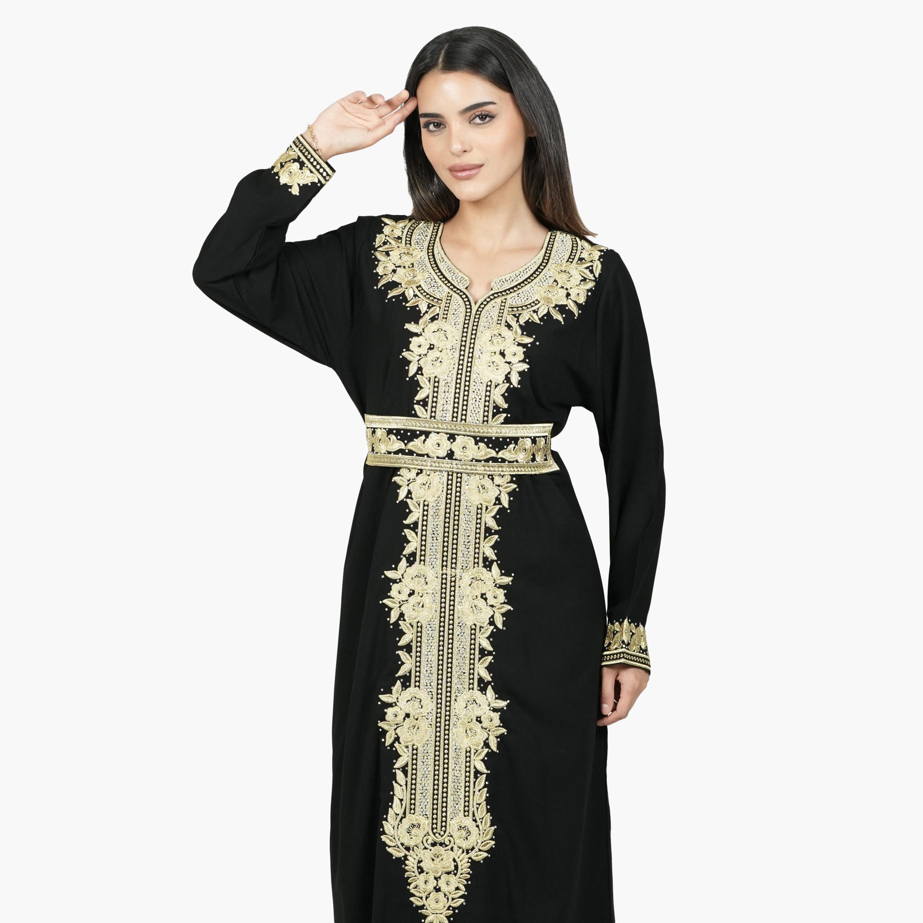 AL BENT AL SHARQIEH Black Embroidered Crepe Women's Evening Moroccan-Style Jalabiya with Belt-women-arabicclothing-jalabiyas-image-2