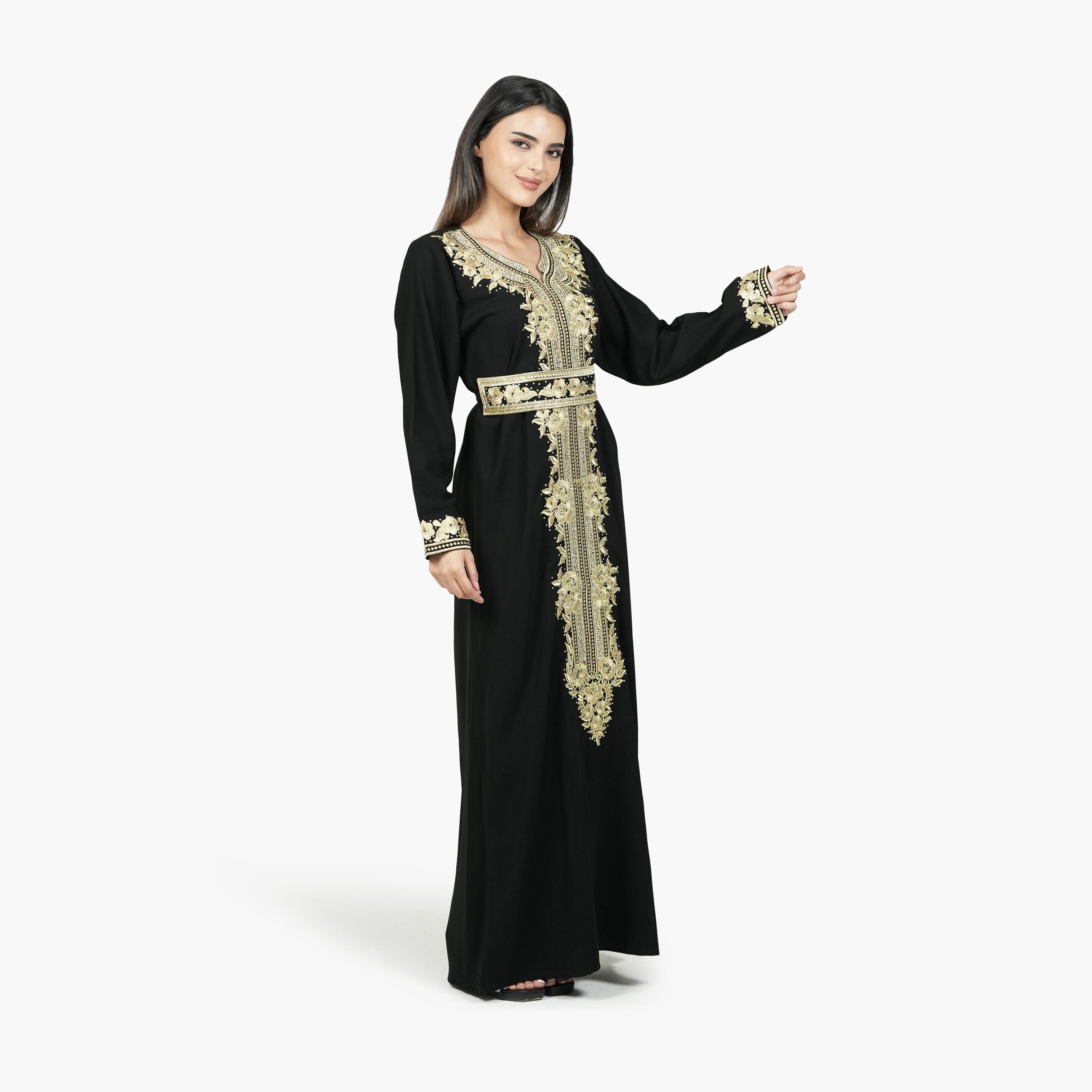 AL BENT AL SHARQIEH Black Embroidered Crepe Women's Evening Moroccan-Style Jalabiya with Belt-women-arabicclothing-jalabiyas-image-3