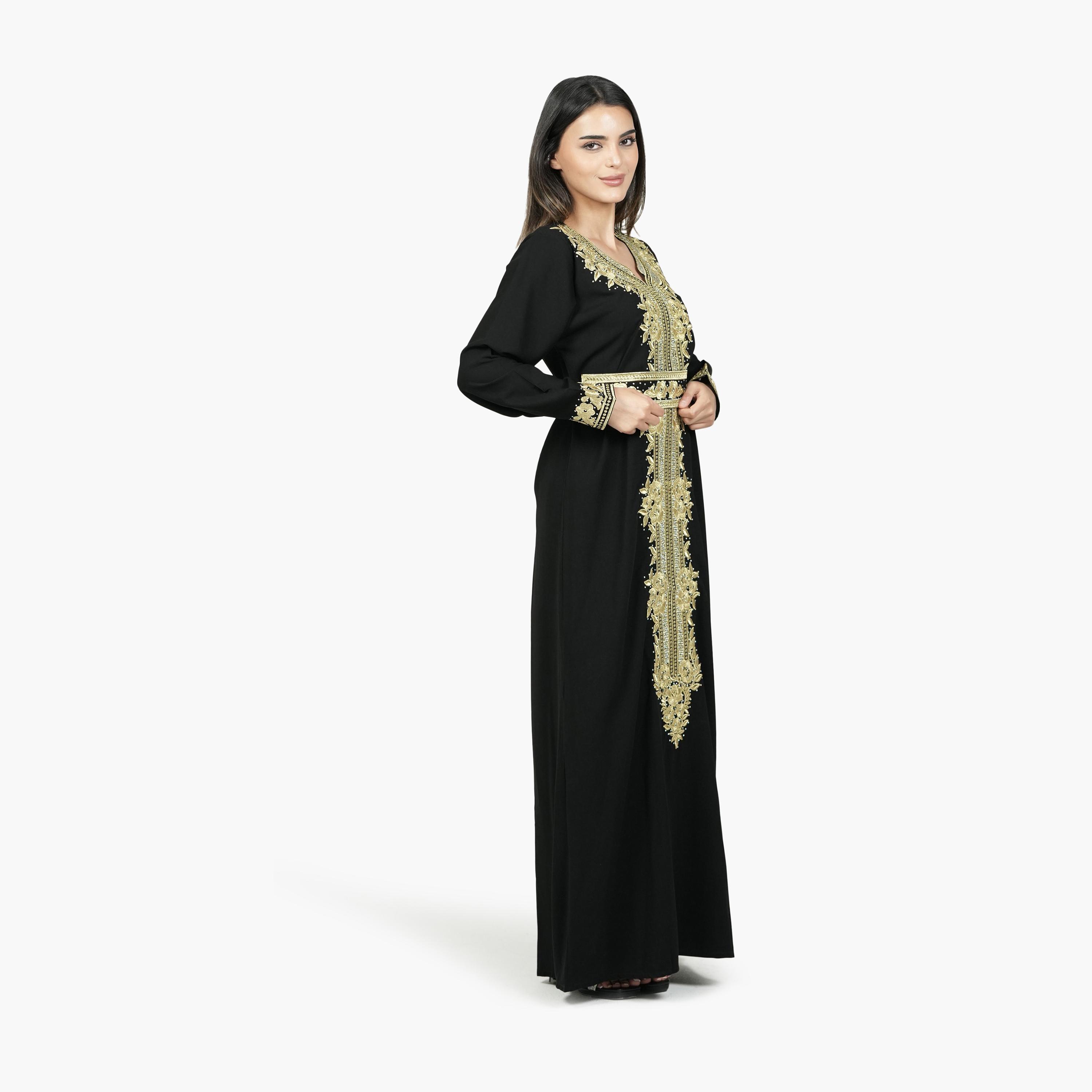 AL BENT AL SHARQIEH Black Embroidered Crepe Women's Evening Moroccan-Style Jalabiya with Belt-women-arabicclothing-jalabiyas-image-4
