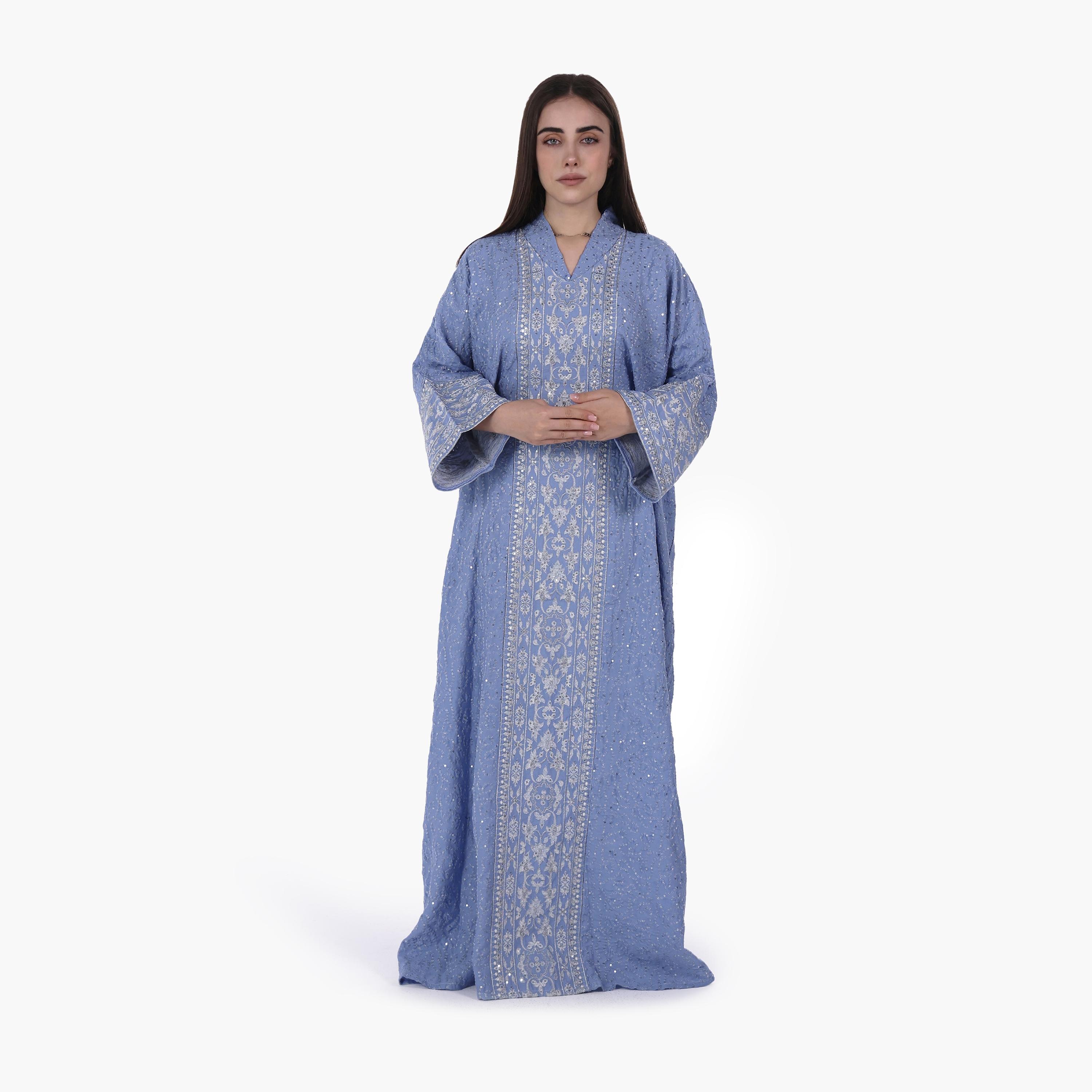 AL BENT AL SHARQIEH Vine Embroidered Flared Sleeves Linen Women's Evening Jalabiya-women-arabicclothing-jalabiyas-image-1