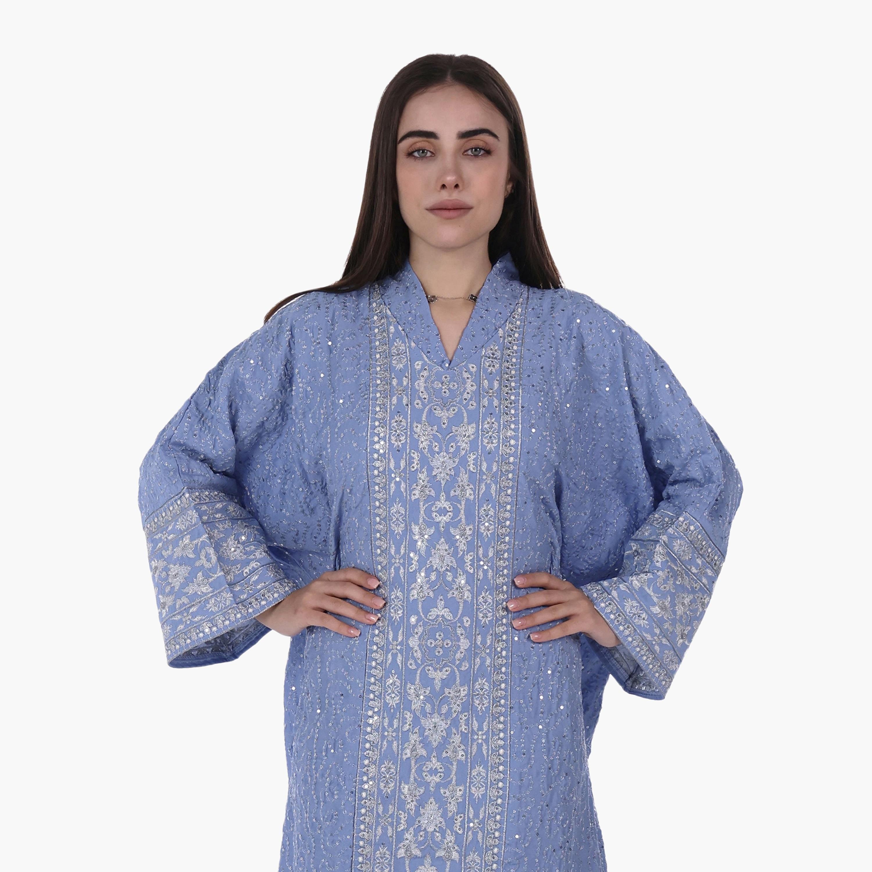 AL BENT AL SHARQIEH Vine Embroidered Flared Sleeves Linen Women's Evening Jalabiya-women-arabicclothing-jalabiyas-image-2
